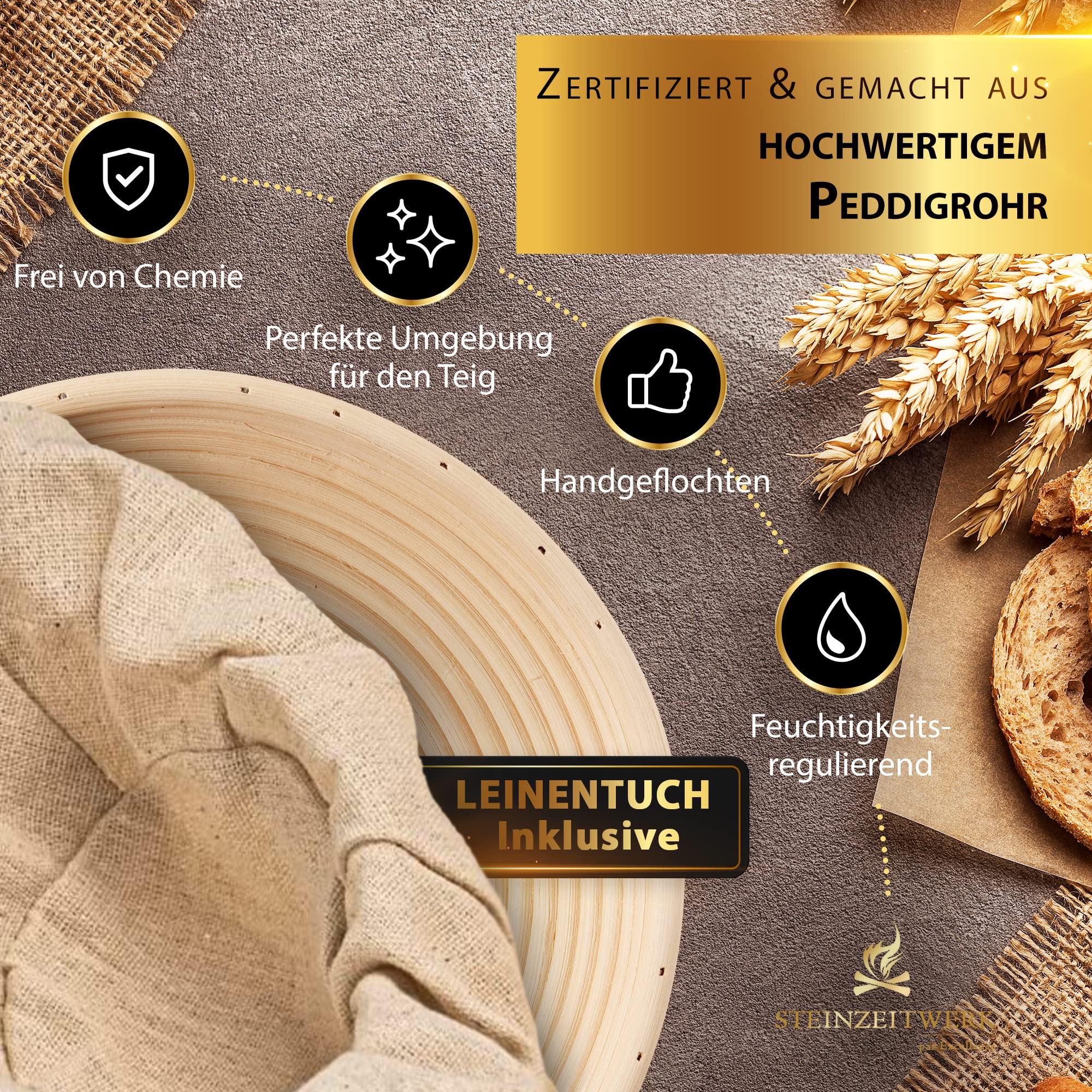 Steinzeitwerk Żeliwny Garnek do Pieczenia Chleba z Koszem do Garowania i Skrobakiem