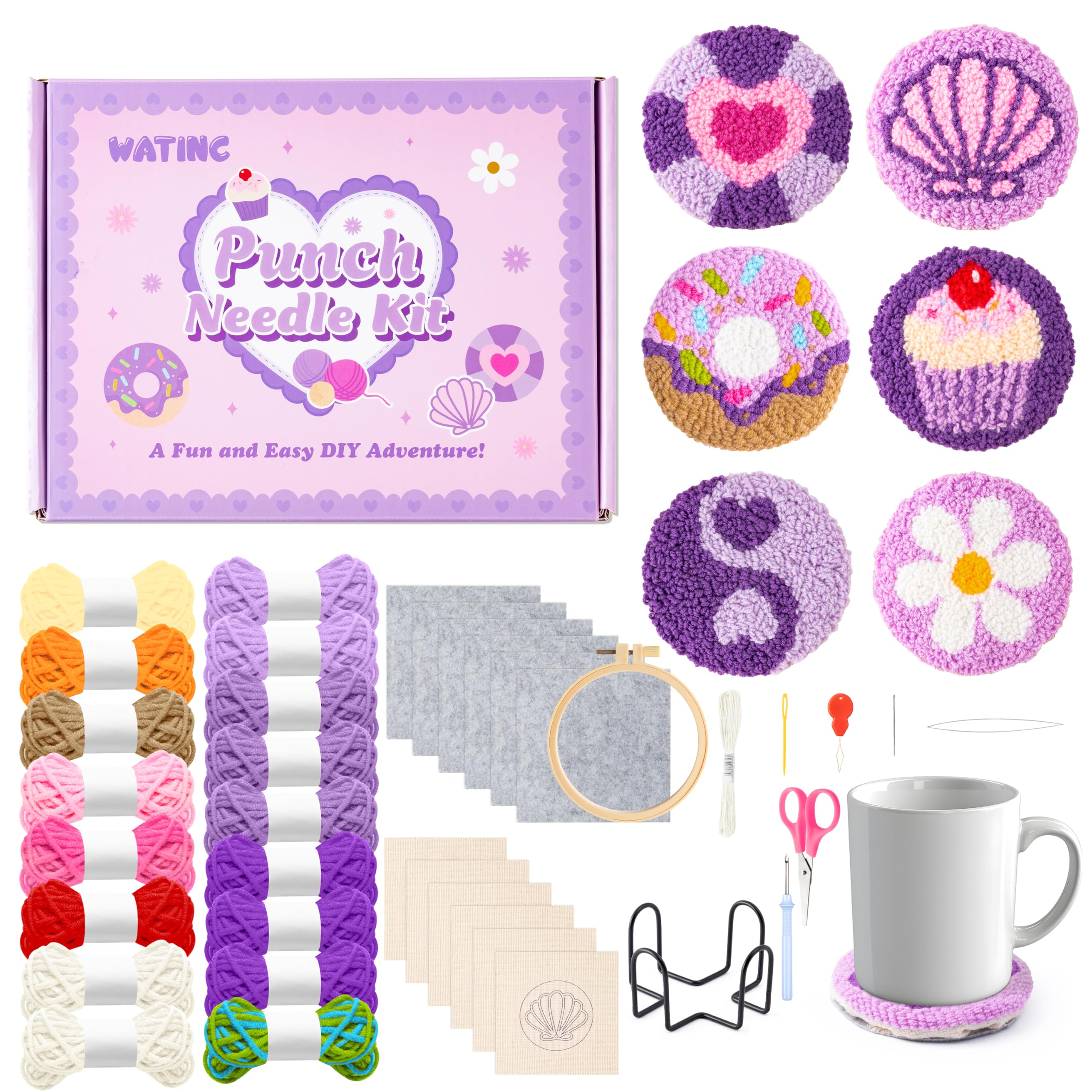 WATINC Punch Needle Coasters 23Pcs DIY Craft Poke and Stick Embroidery Kit Coasters with Colour Box for Adults Beginners to Learn Embroidery Art Handicraft (2#Purple) — image 1