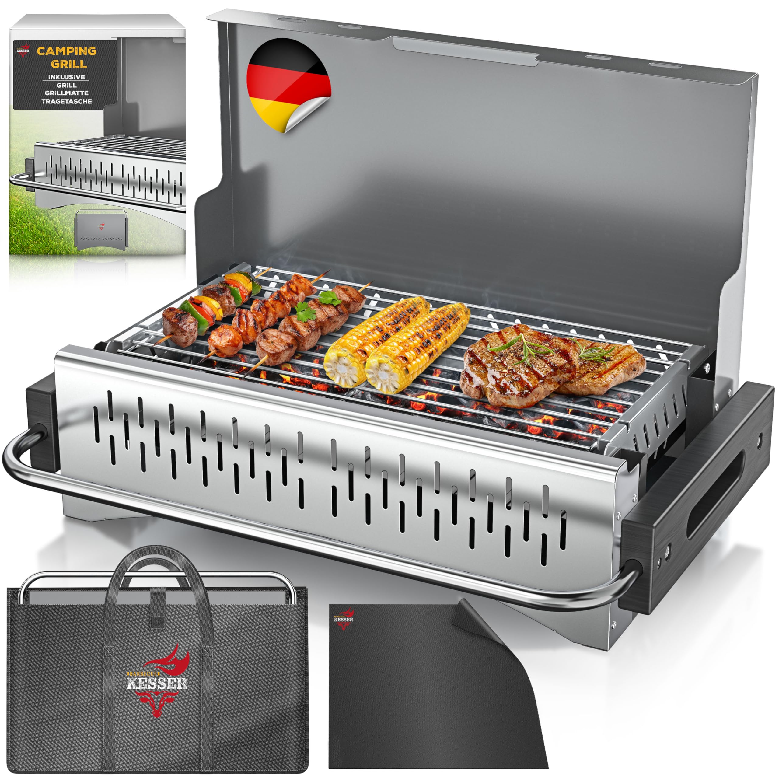 KESSER® Klappgrill tragbarer Camping Grill | Holzkohlegrill aus pulverbeschichtetem Stahl inklusive Grillrost, Grillmatte & Tragetasche | Faltbar BBQ ideal für Camping, Picknick & Angeln