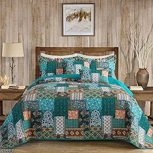 VAPUTAR Cotton Quilt Queen Size Bedding Set - 3 Pieces Farmhouse Queen Size Quilts for Bed, Lightweight Vintage Coverlets Bedspreads for Bedroom