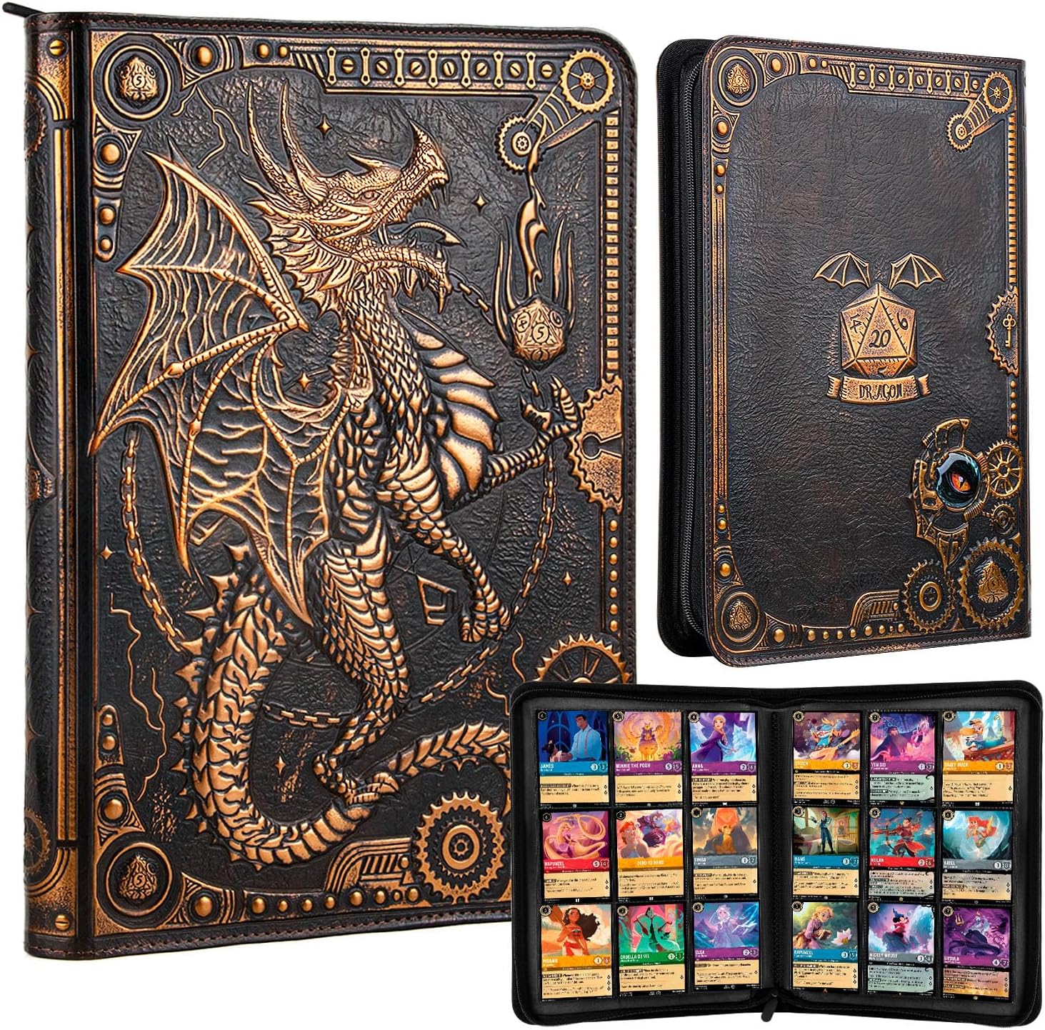 9 Pocket Card Binder-Premium Zip Trading Card Binder-Collector Album Binder-3D Dragon PU Leather Card Folder-360 Double Sided Pocket for TCG、MTG、Lorcana、Pokmon、Sports Cards Safe Storage（Red Copper)