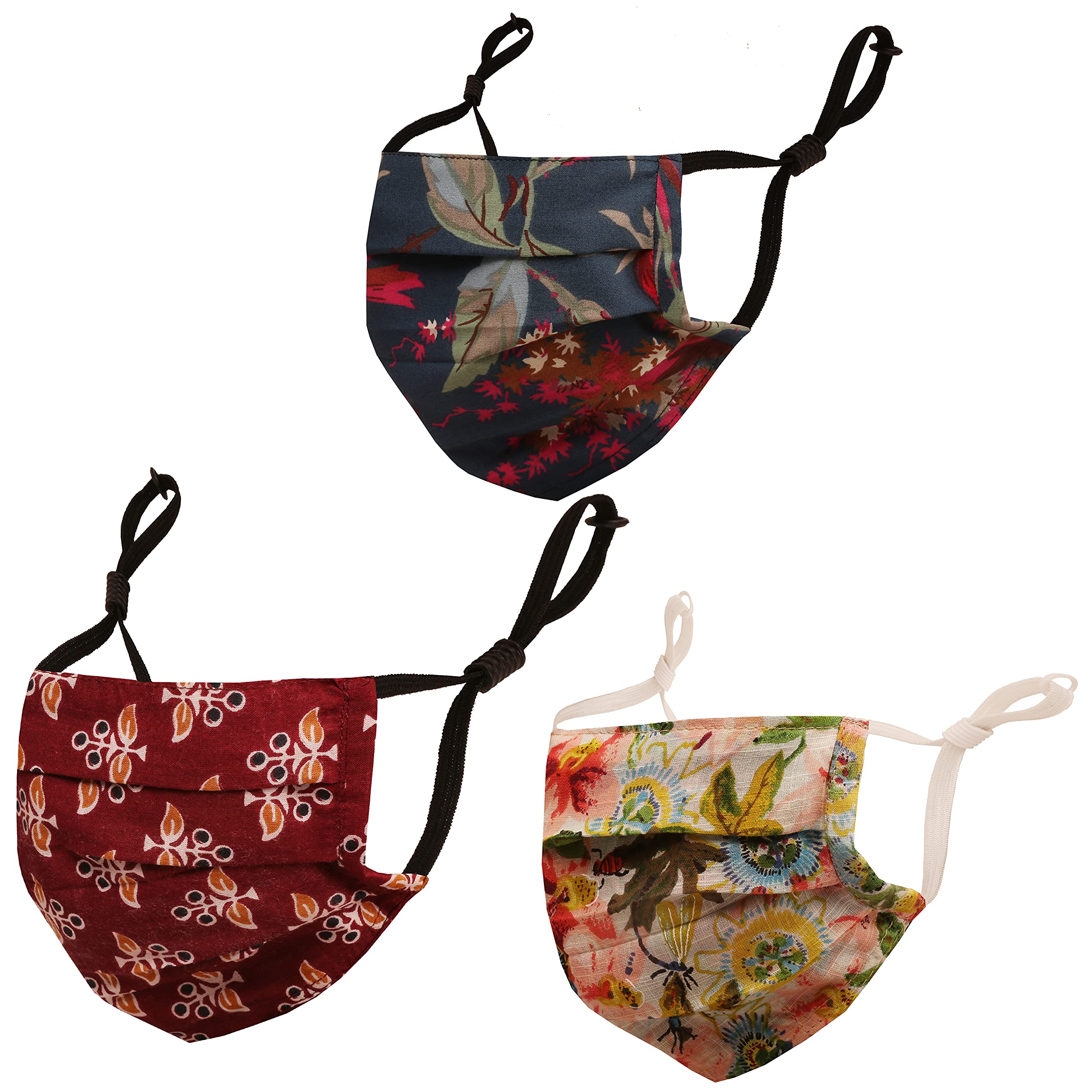 Touchstone Floral Fabric Adjustable filter pocket nose bridge 2 layer anti-pollution smog smoke cold & cough protective cotton face mask reusable washable for men women (Pack of 3). Blue Maroon Multi-image-7