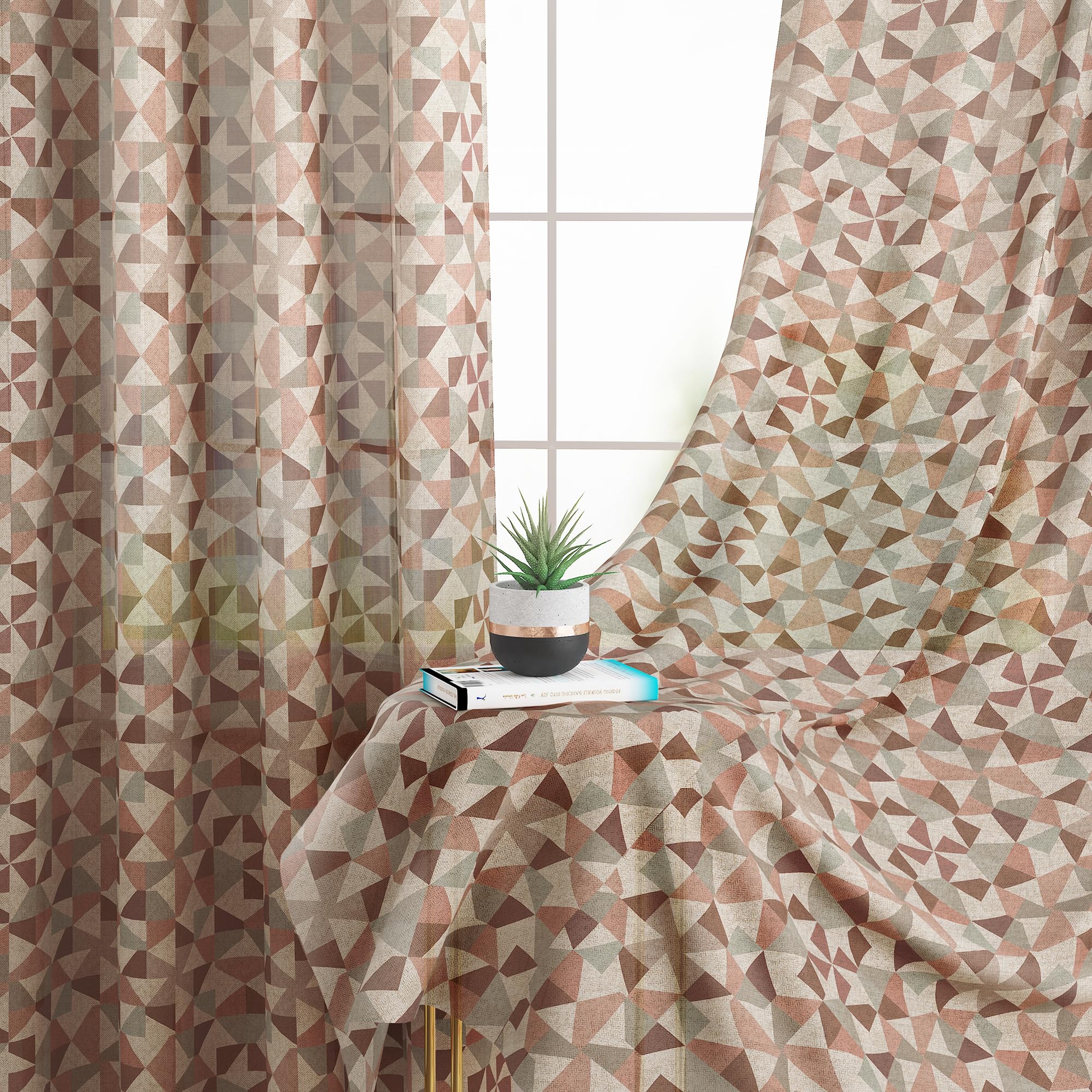 Story@Home Window Curtains 5 Feet Long Set of 2 | Geometric Printed | Semi Transparent Curtain | Net Curtains | Sheer Curtain for Living Room | (118 X 152 Cm, Brown & Red) | Perfect for Home Decor 2
