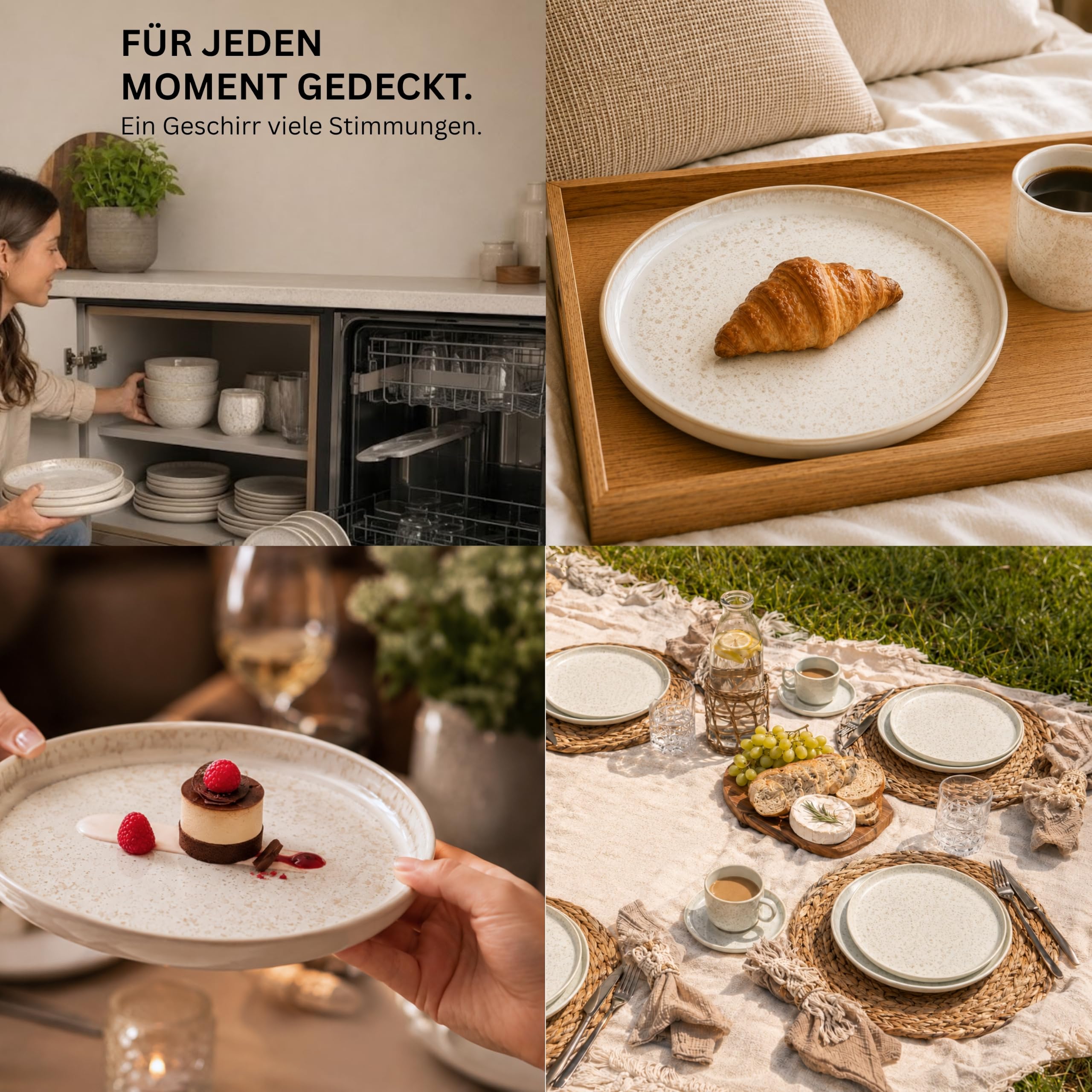 SÄNGER Key West | Steingut Geschirr Set 24 tlg, Teller Set 6 Personen, 6x Speiseteller, Müslischalen, Dessertteller, Pastaschalen, Tafelservice Creme Farben mit Sandiger Maserung | VALUE COLLECTION