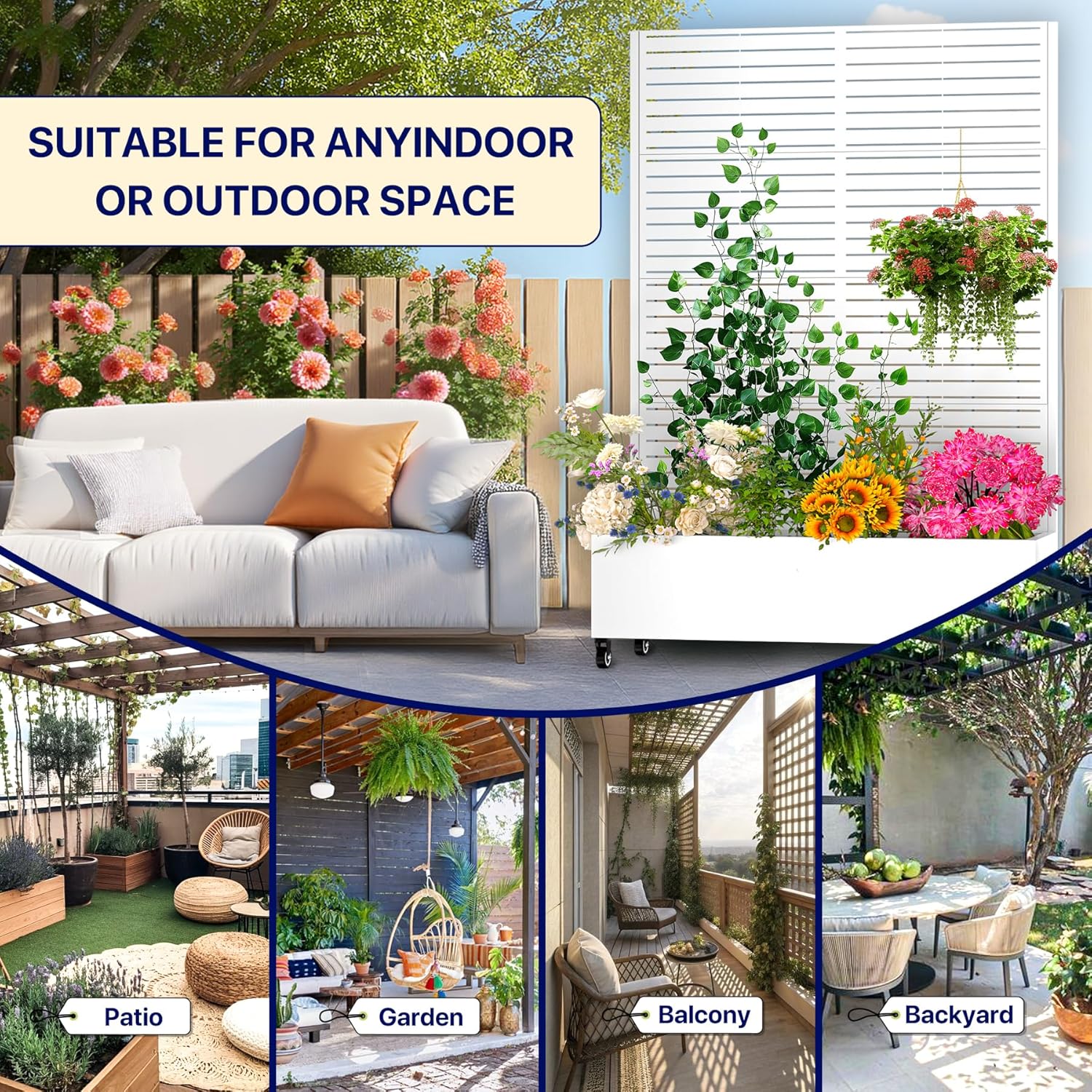 Metal Planter Box with Trellis,72"x47"x16"Galvanized Steel Outdoor Raised Garden Bed with Privacy Screen,with Drainage Holes & Lockable Casters for Climbing Plants,Vegetables,and Vines(WHITE-BYC)