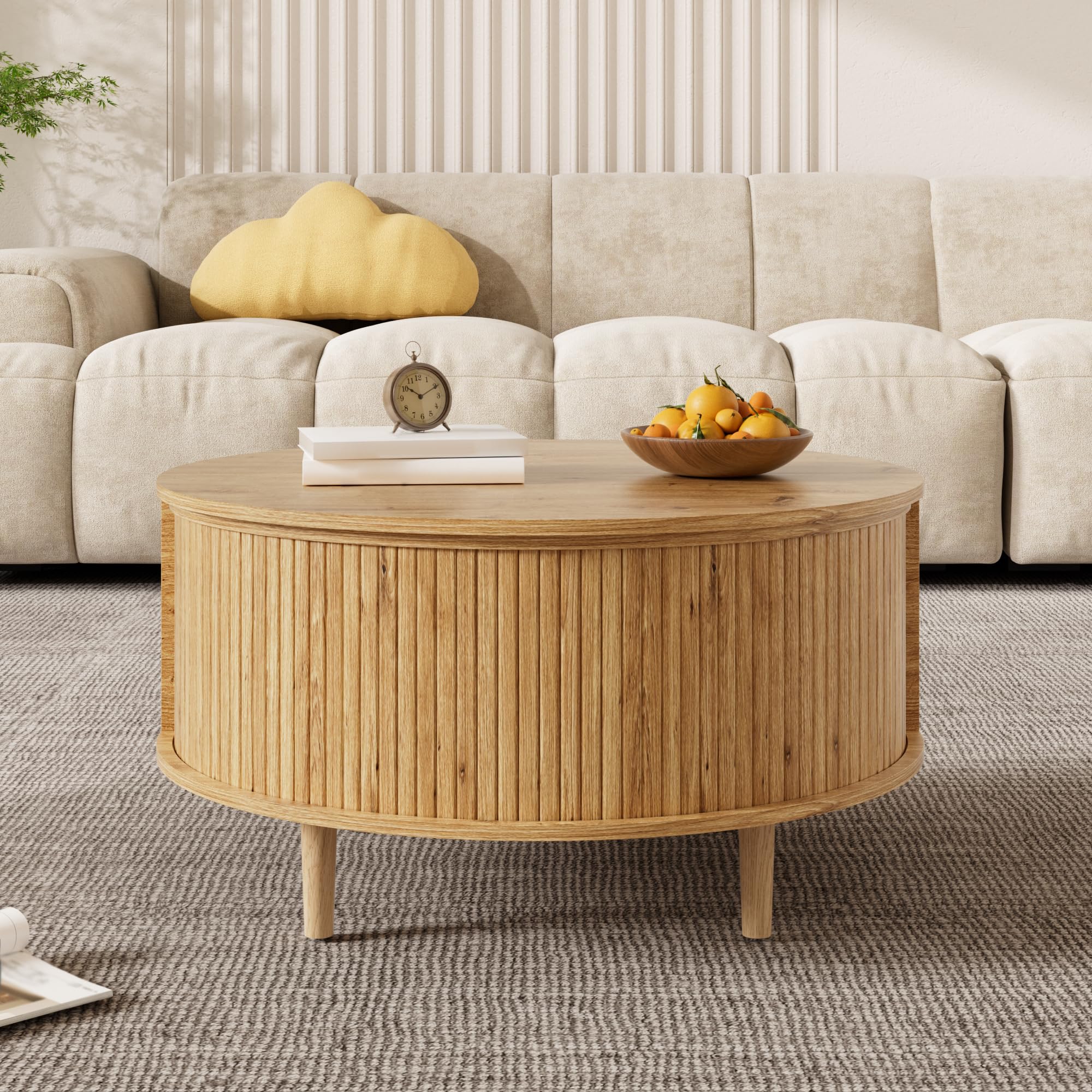HAINEW Runder Couchtisch Wohnzimmertisch mit Höhenverstellbarer Tischplatte und Schiebetür, Sofatisch Beistelltisch Kaffeetisch mit Abgerundete Ecken, 80×80×59cm, HD26052604 (Eichenfarbe)