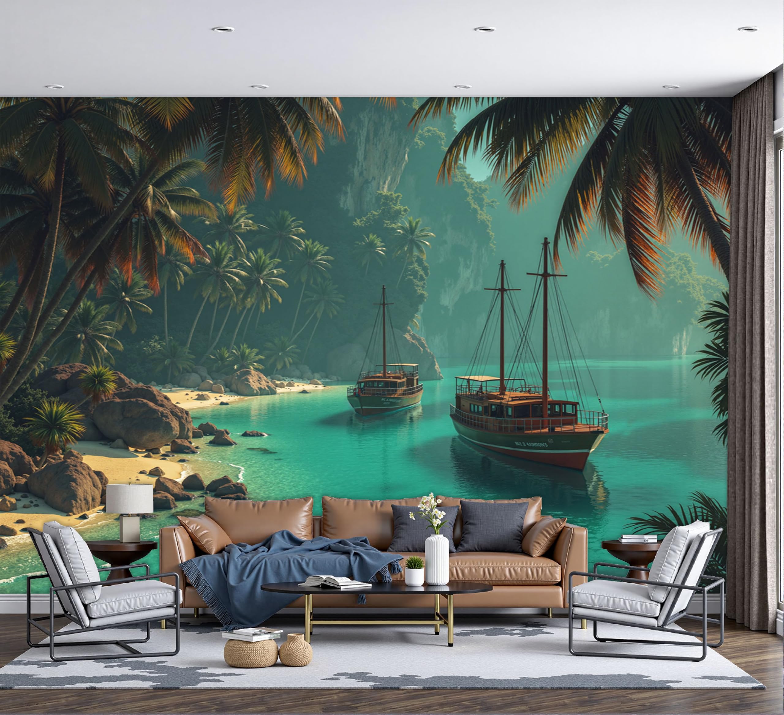 Papier peint panoramique vert bateau palmier 3D fresque poster XXL salon