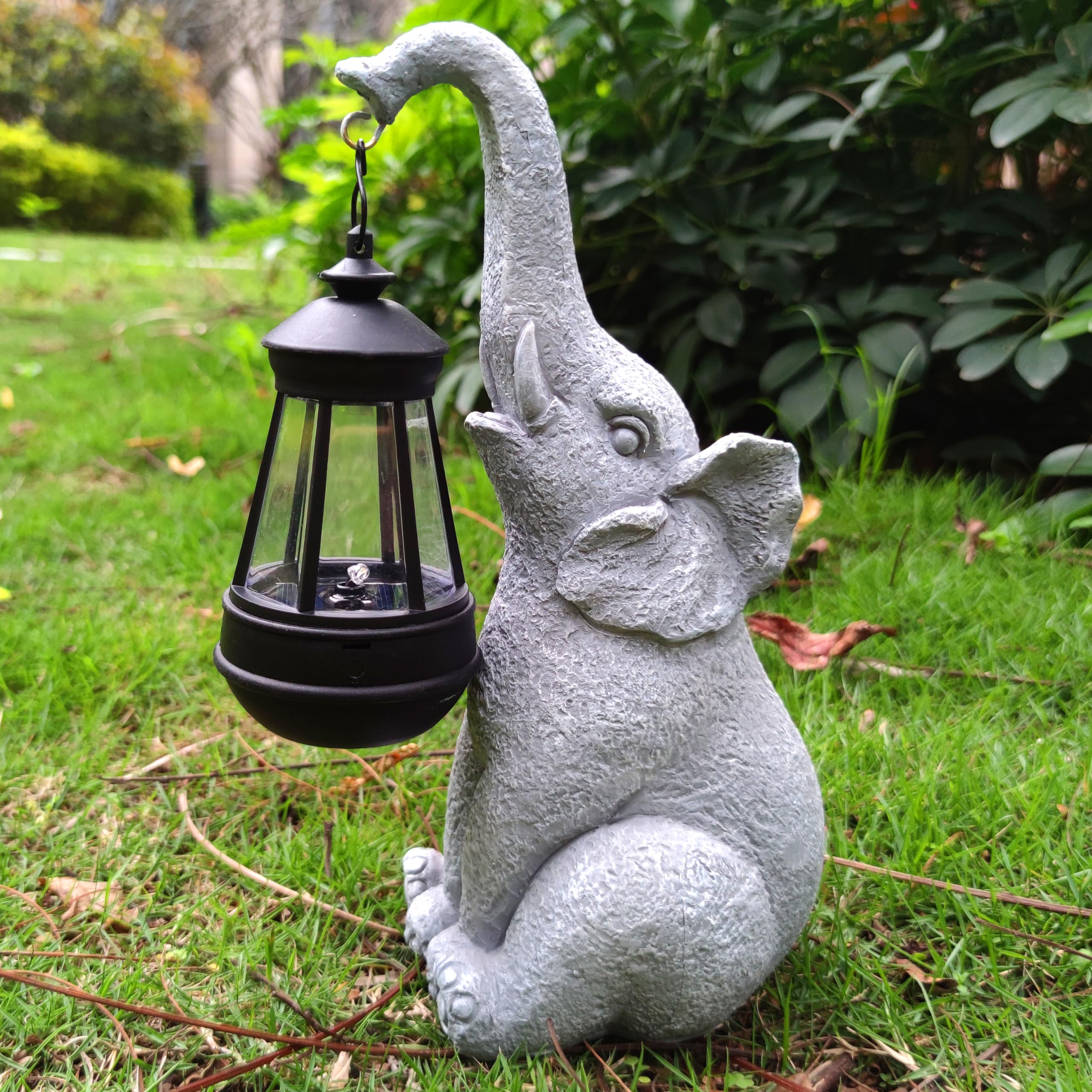 Estatuas solares de elefante para jardín, decoración de elefante de resina con linterna de luces solares, figuras para exteriores, césped, jardín, decoración artística para césped, patio
