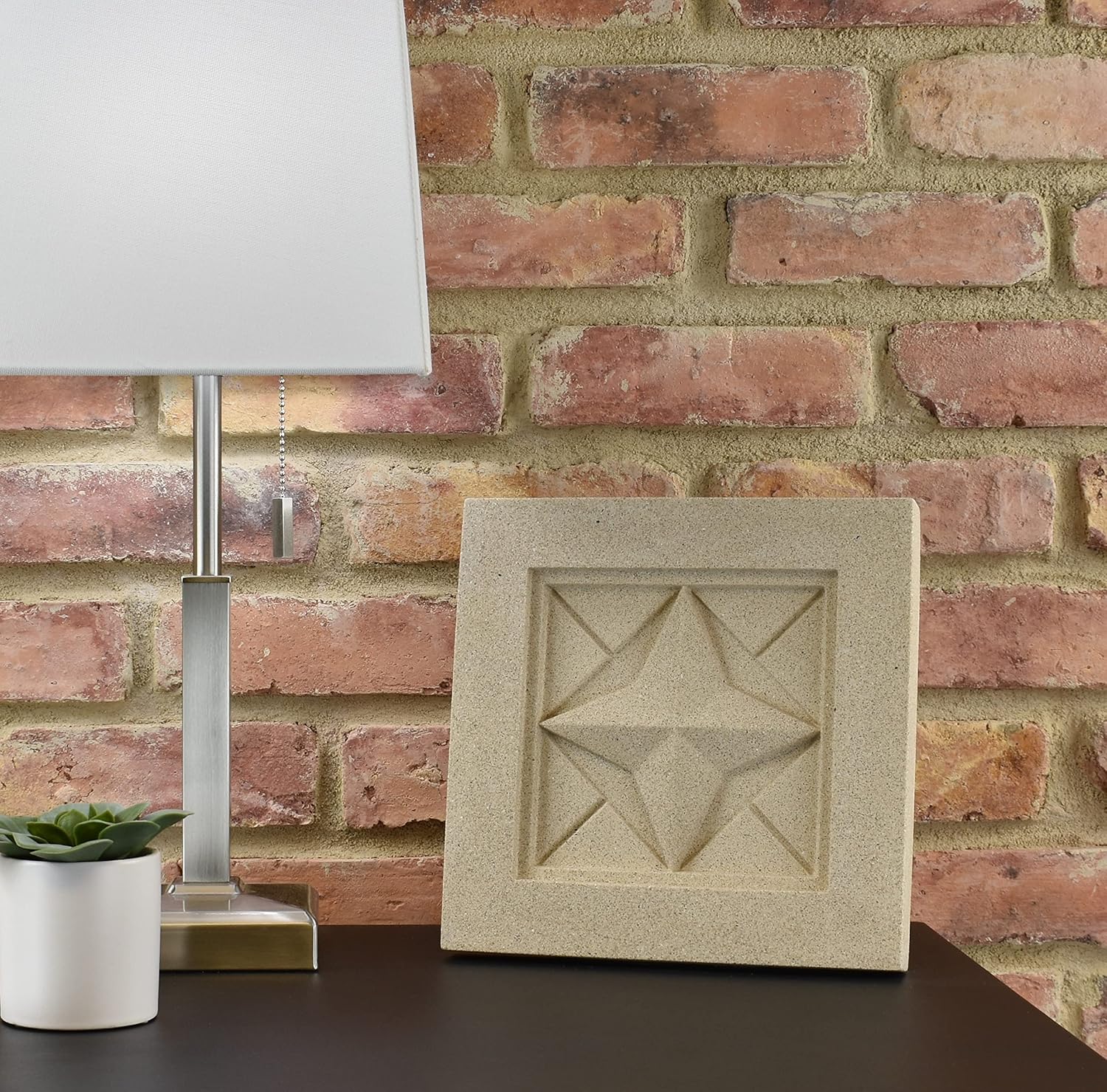 Sculpted Architectural Bas Relief 3D Tile Plaque Ornament, Solid Cast Stone, Parquetry Design, 9.5"x9.5" for Wall Hanging or Tabletop Display (White with Keyhole)