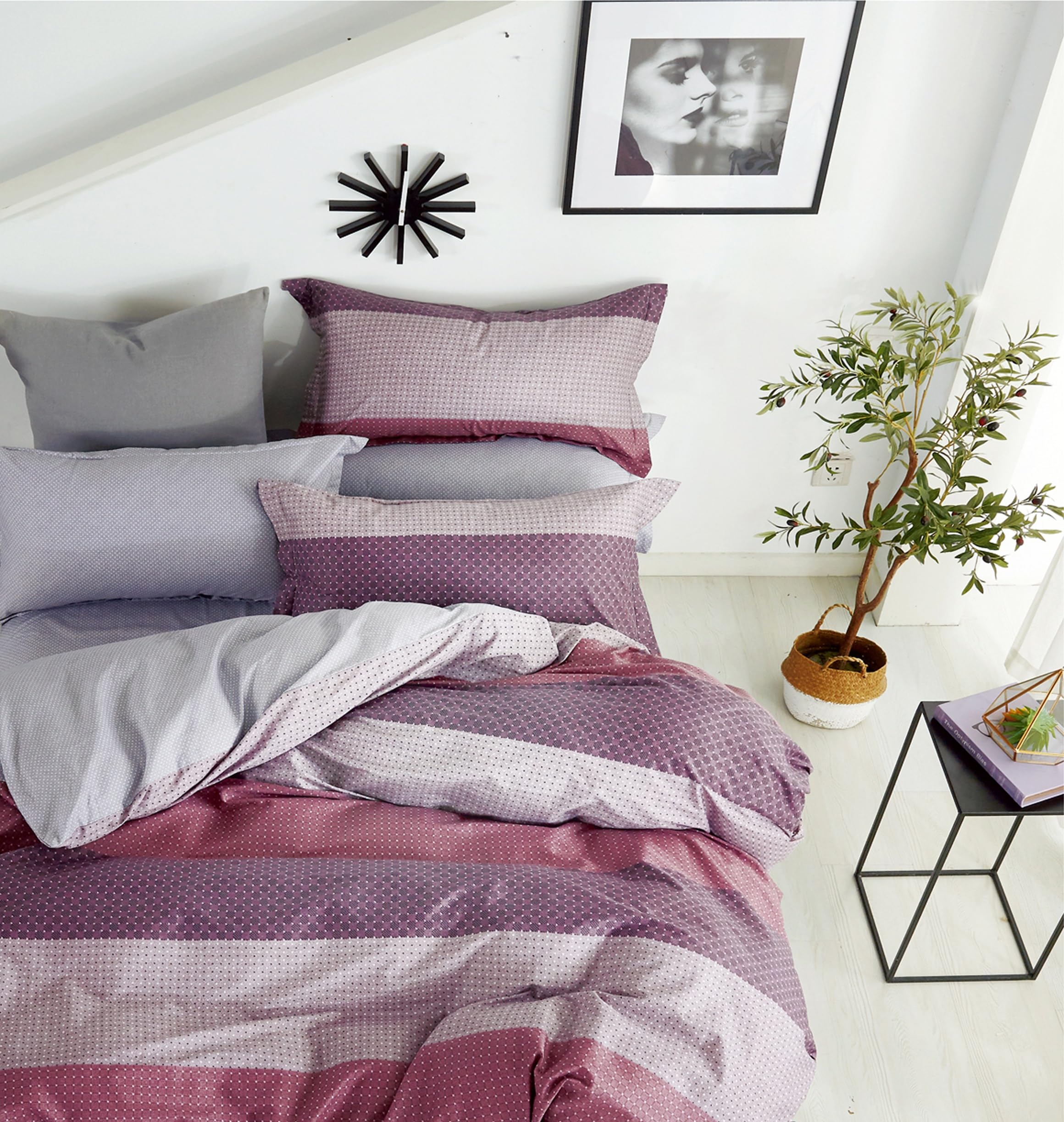 Parure de Couette Imprimé Double Face Percale de Coton peigné 80 Fils/cm² pour lit 140 à 160 cm (Parure 240 TH-01-24)