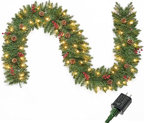 Miniatura 9 de Joiedomi - Guirnalda de Navidad de 9 pies preiluminada con 50 luces de cadena, cerdas, conos de pino, bayas de acebo para decoraciones de invierno