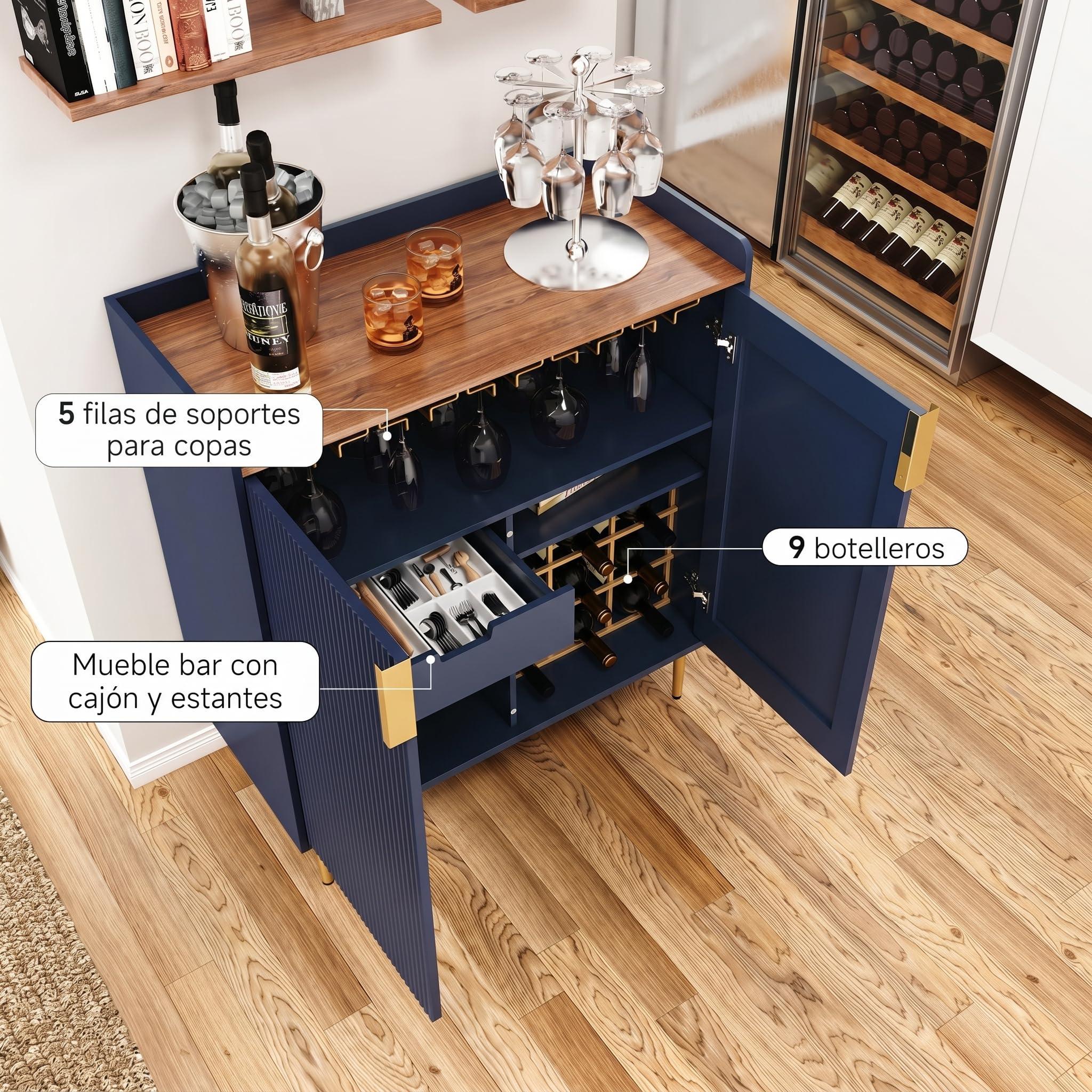HOLTICO Gabinete de bebidas, gabinete de vino para 9 botellas, armario de bar con soportes de vidrio, estante de vino independiente, aparador, mesa de bar, buffet para sala de estar y comedor, color