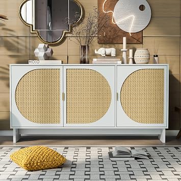 Storage Cabinet with Rattan Door, Mid Century Modern Storage Cabinet with Adjustable Shelves, Accent Cabinet Buffet Cabinet for Living Room,Dining Room, Entryway White@1