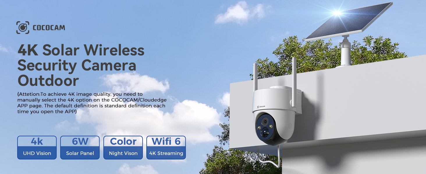 COCOCAM Solar Battery ソーラー防犯カメラ COCOCAM 4K 8MP Solar Security Camera Outdoor Wireless WiFi, with