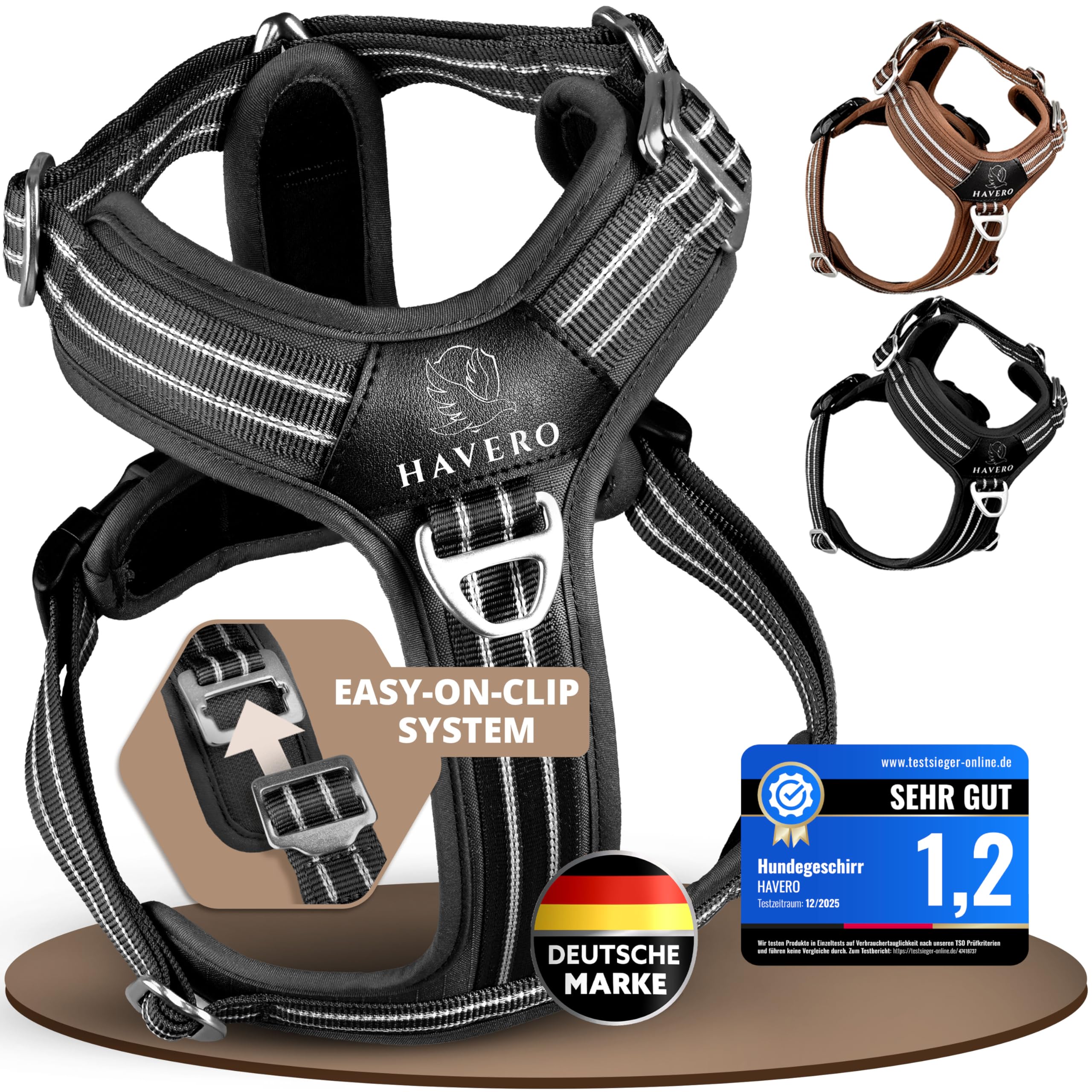 HAVERO Hundegeschirr Easy-On-Clip – [Kein Überkopfziehen] | Anti-Zug Y-Geschirr Gepolstert Reflektierend Atmungsaktiv Brustgeschirr – kleine, mittelgroße & Grosse Hunde Geschirr (Schwarz, S)