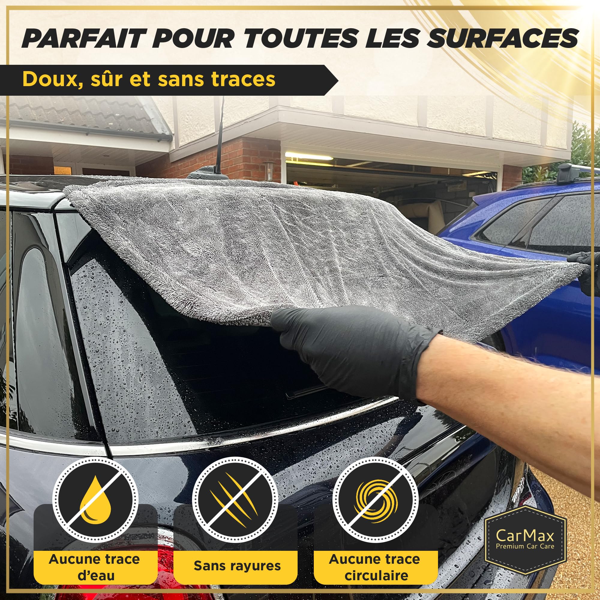 CarMax® - Serviette de Séchage Voiture en Microfibre Twisted Loop – Haute Absorption – Séchage sans Traces – Sûre pour Peinture et Vitres (XXL - 90cm x 60cm)