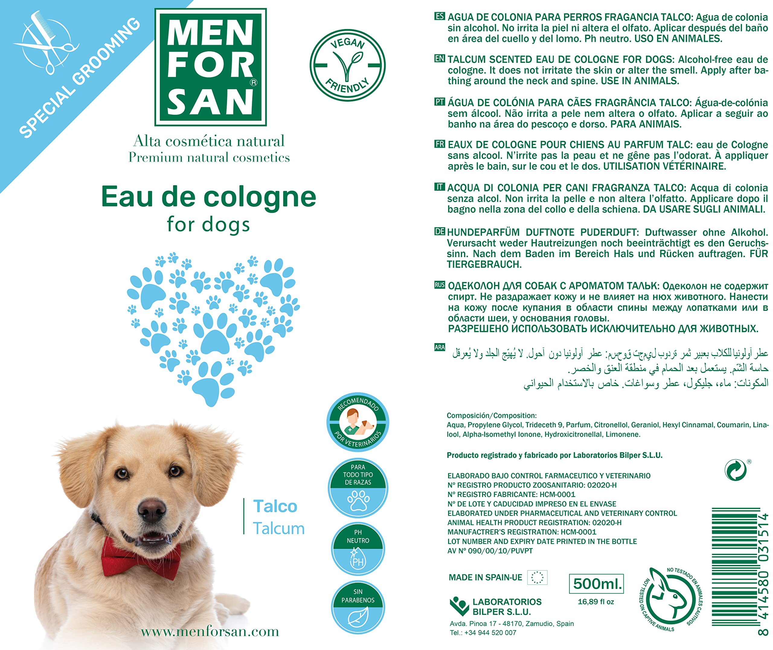 Menforsan Acqua di Colonia per Cani di Talco 500 Ml, Profumo Dolce e Intenso