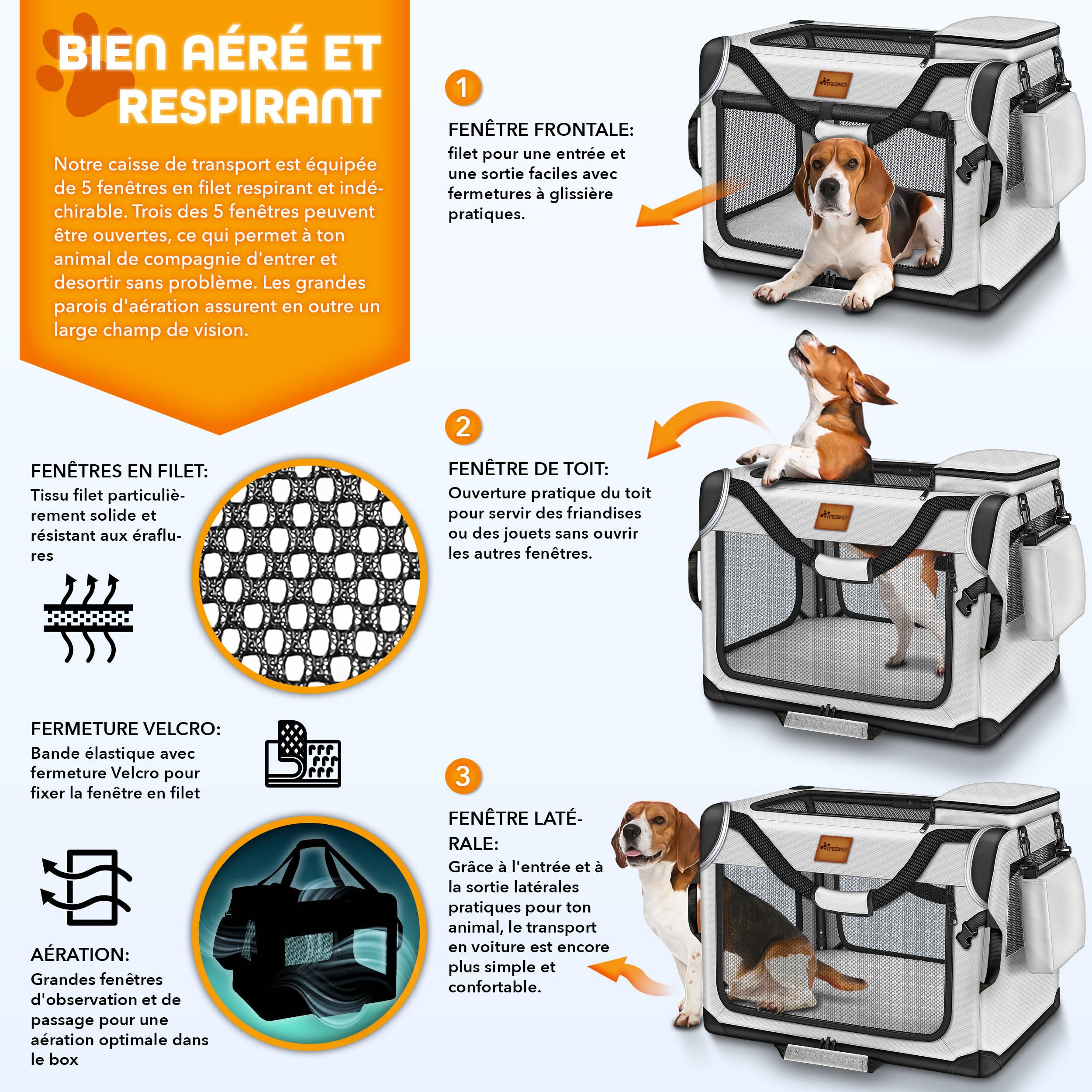 TRESKO® Caisse de transport pliable, avec tapis de fuite, spatule et réflecteurs, pour chiens et chats de petite et grande taille, sac robuste, taille M, 61 x 42 x 42 cm (gris)