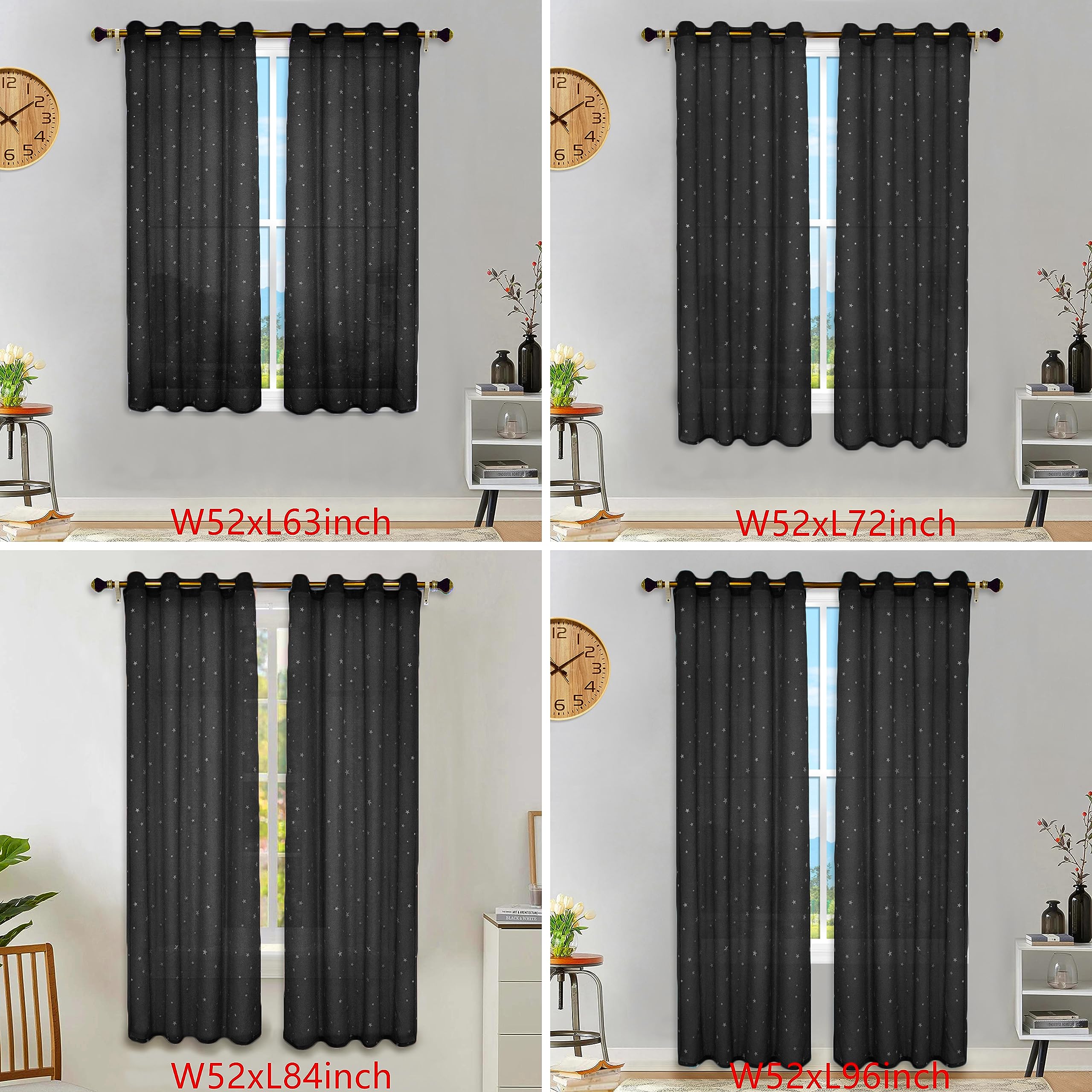Cortinas de Estrellas Que Brillan en la Oscuridad, Cortinas de Metal de 96 Pulgadas de Largo para la Decoración de la Habitación de los Niños, 2 Panels/Grey