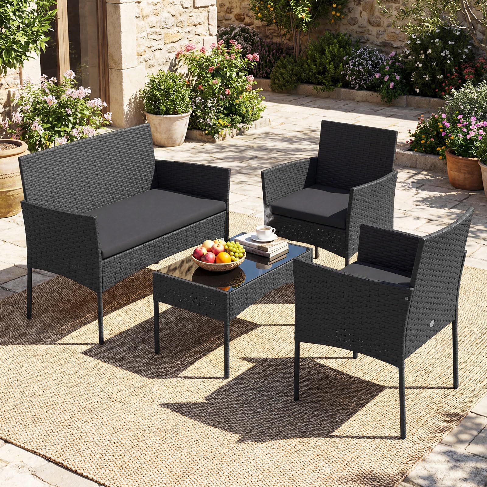 COSTWAY Ensemble Salon de Jardin 4 Pièces en Résine, Mobilier d'Extérieur avec 2 Fauteuils Canapé 2 Places Table Basse Plateau en Verre Trempé Coussins Amovibles, pour Terrasse Jardin (Noir+Noir)