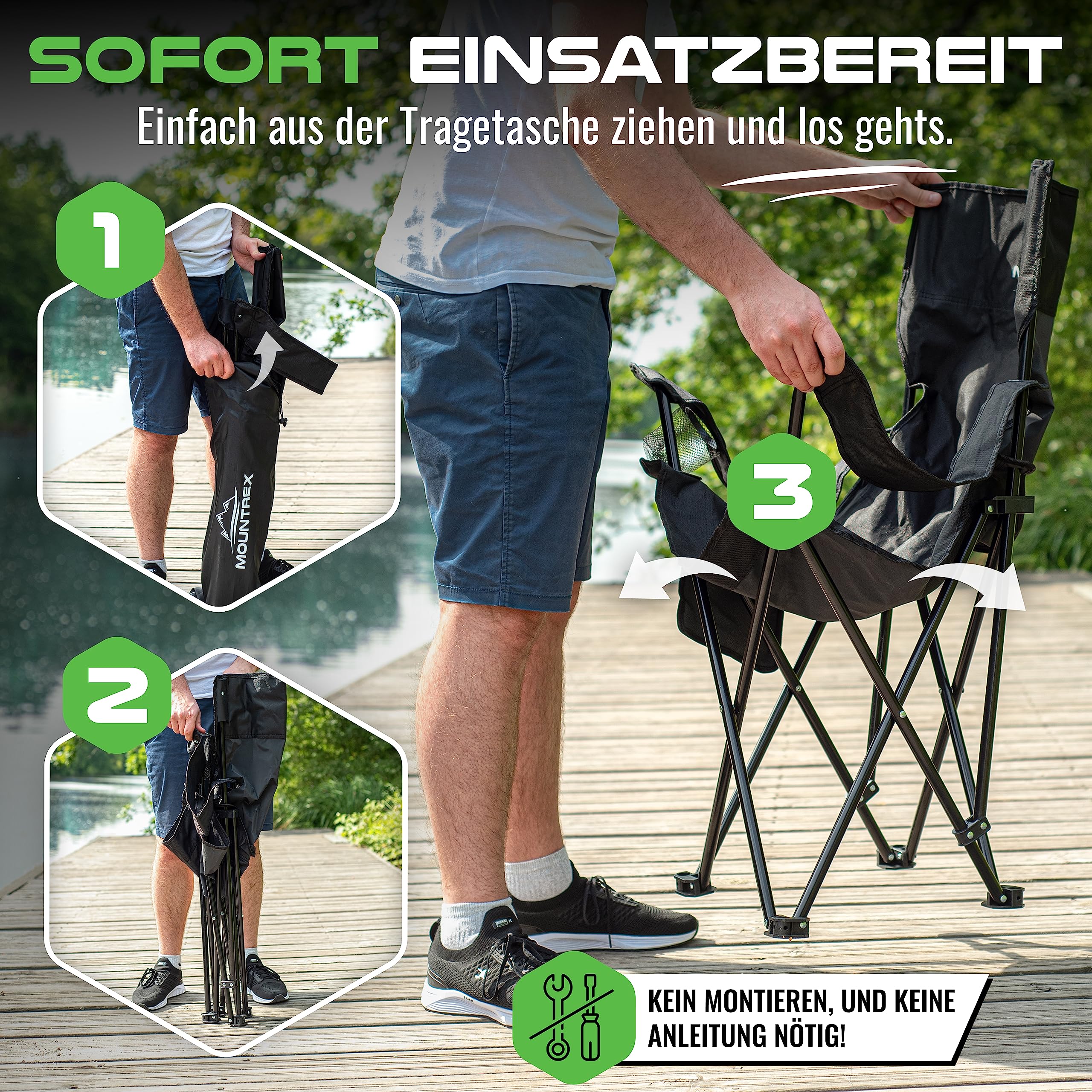 MOUNTREX Campingstuhl Faltbar (bis 120kg) - Klappstuhl mit Verstellbare Armlehne - Anglerstuhl, Strandstuhl - Klappbar, Kompakt & Leicht - Camping Stuhl Inkl. Getränkehalter und Tasche