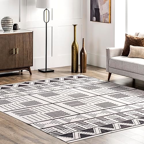 nuLOOM 5' x 8' SpinClean Machine Washable Stain-Resistant Area Rug with Non Slip Backing, Low Profile for Living Room, Bedroom, and Dining Room, Evia Charcoal