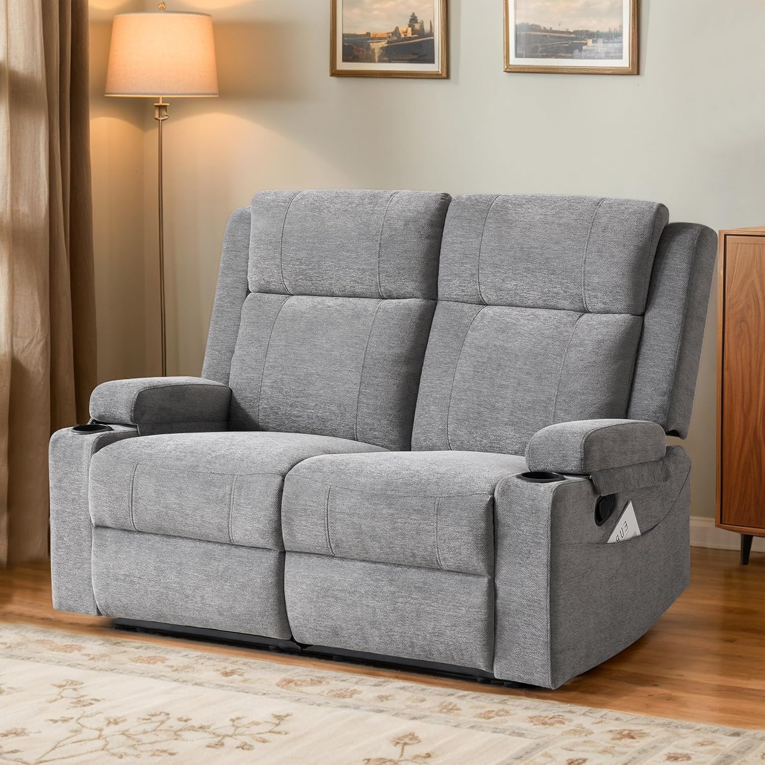 55" RV Loveseat Recliner – Space-Saving Double Reclining RV Sofa, Compact Theater Seating with Cup Holders & Storage Pocket, Grey Chenille Couch for Camper, Motorhome & Home Theater