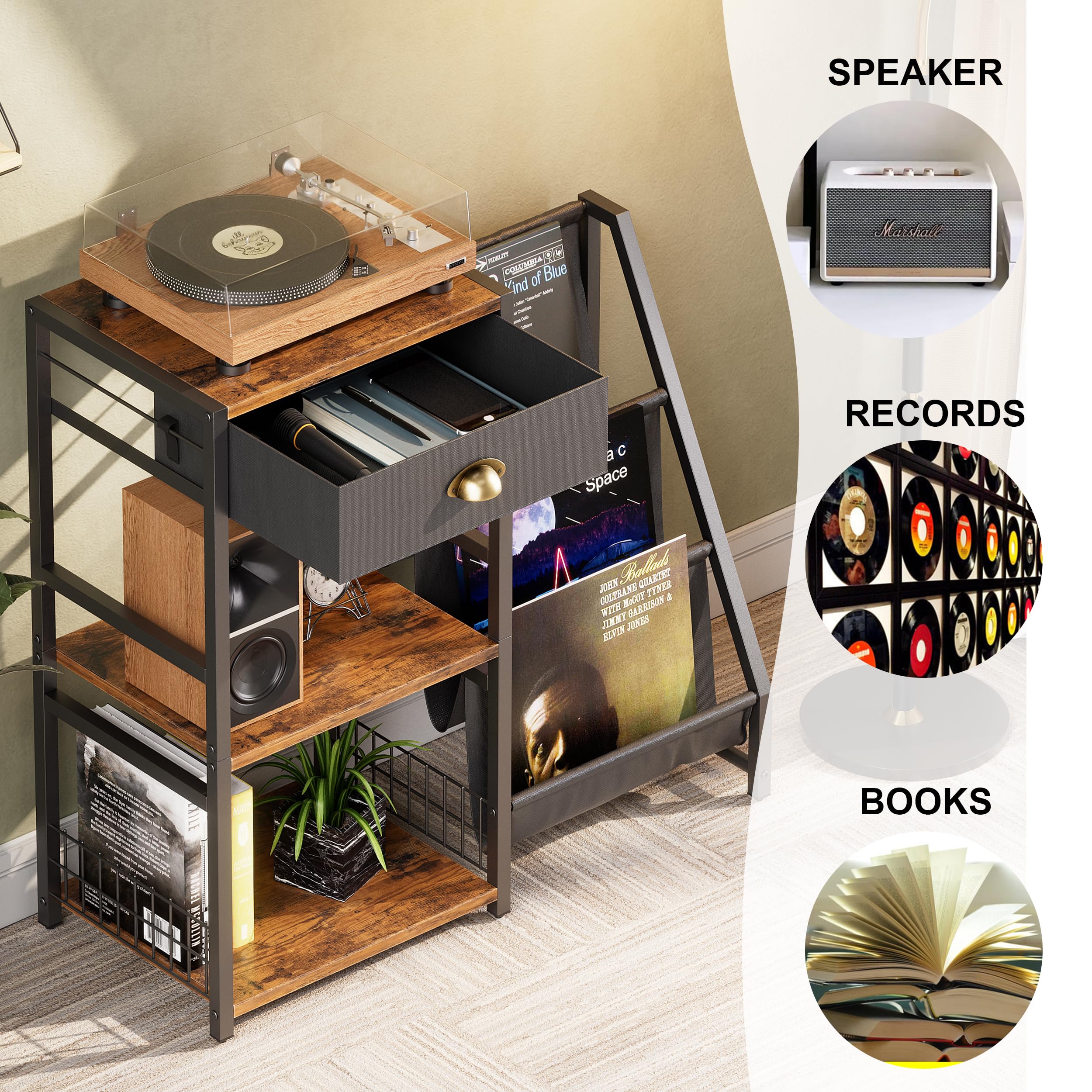 Support pour tourne-disque à 3 étages - Table d'appoint vintage avec tiroir - Support de disques vinyle en bois - Étagère avec étagère d'affichage à 3 niveaux - 86 x 30 x 75 cm