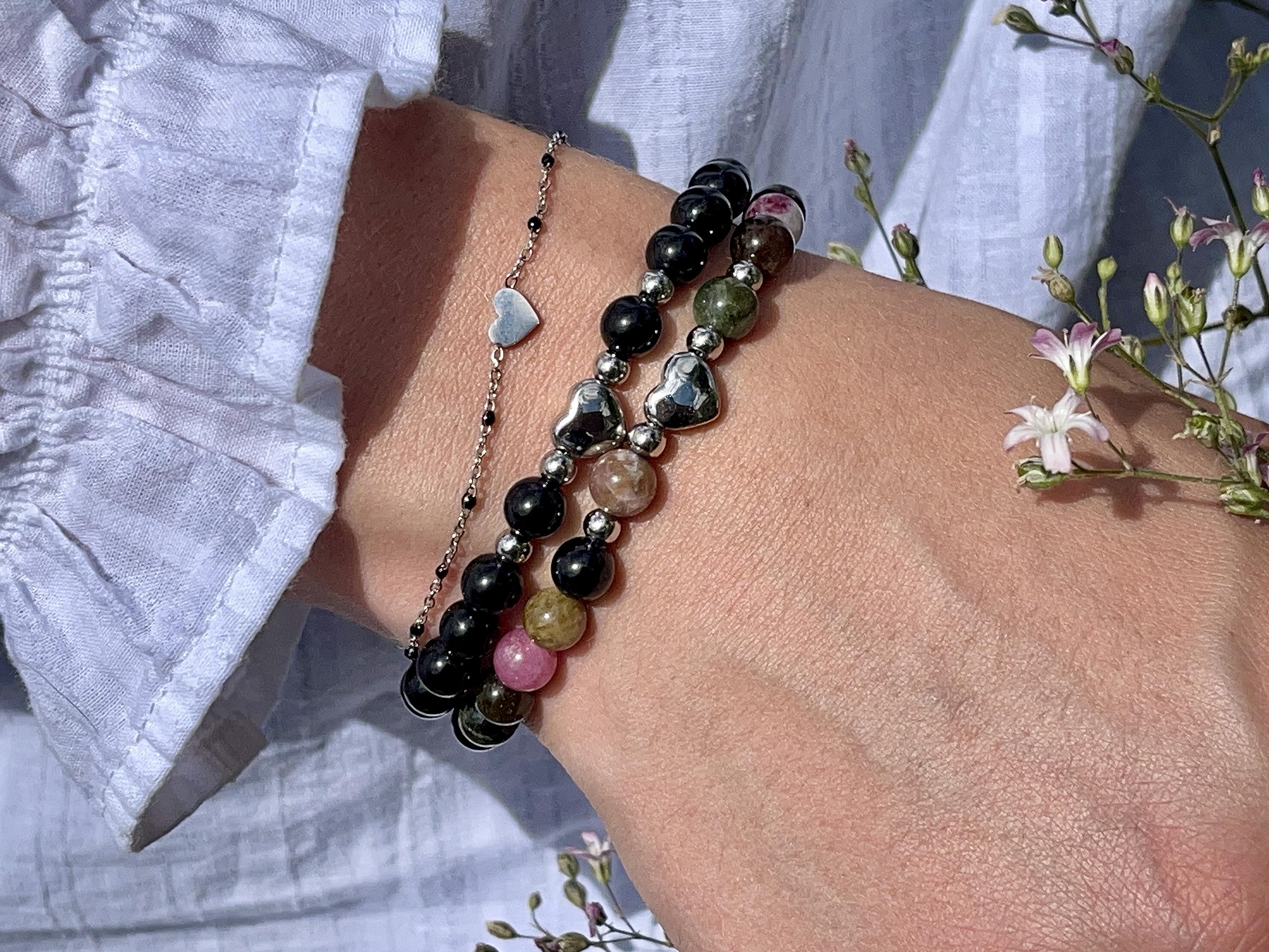Turmalin Armband mit Schwarzen Perlen 6mm - Herz Edelstahl Silber Gold Roségold oder Ionisiert - Edelstein nach Wunsch - Handmade Personalisierbar