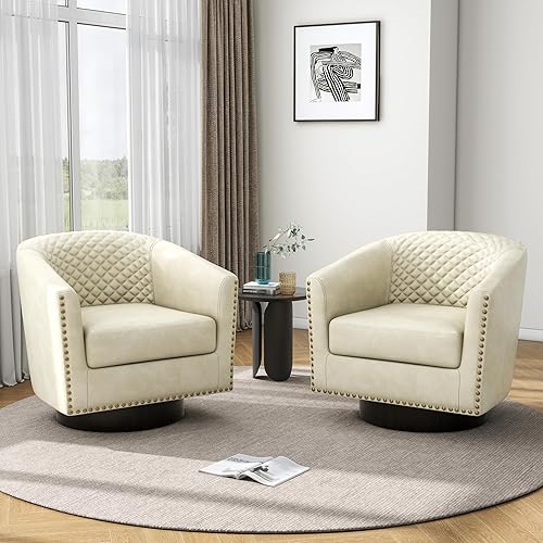 Miniatura 14 de Pia Ricco Juego de 2 sillas de barril de piel sintética, modernas y cómodas, sillas de club tapizadas con ribete de cabeza de clavo, sofá individual