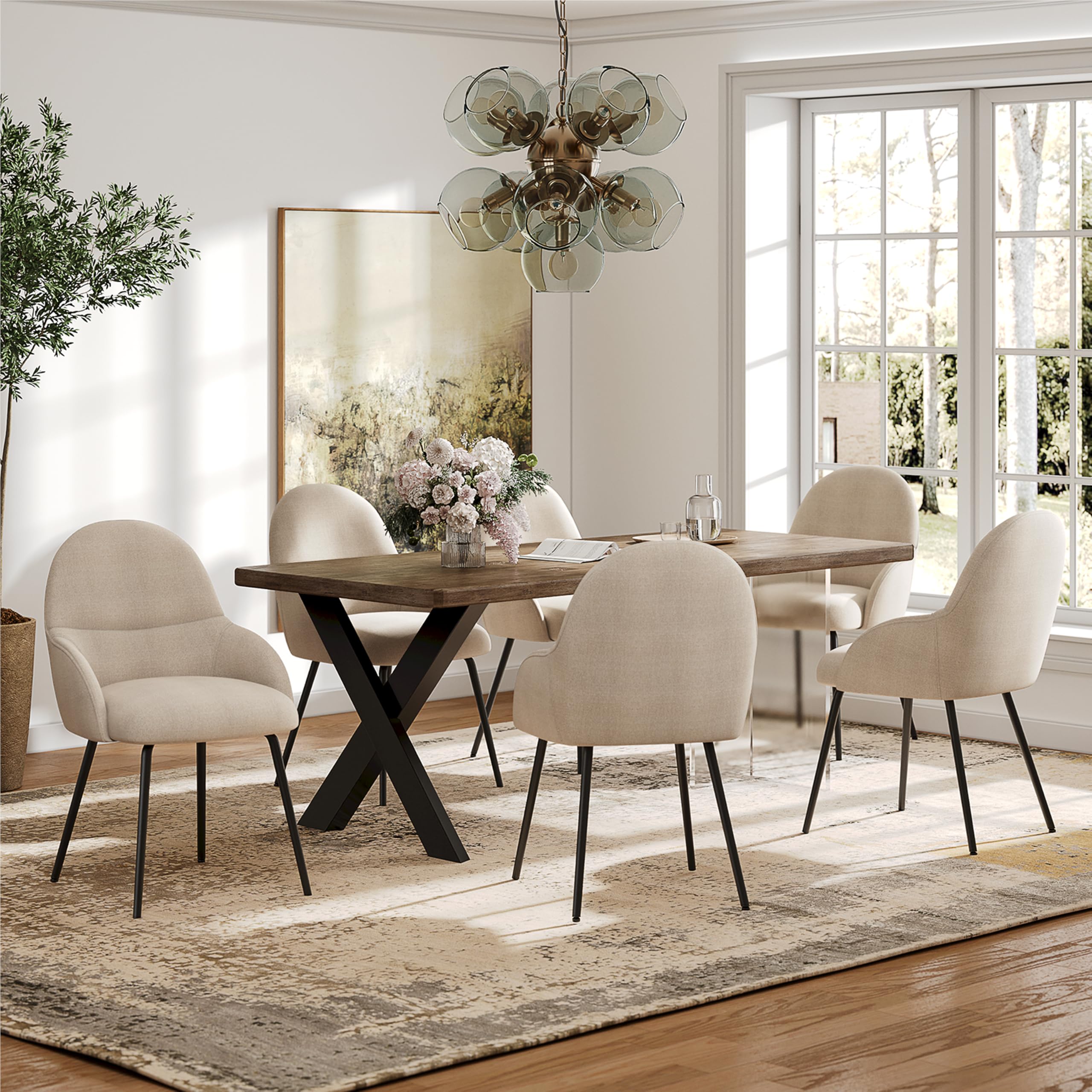 Esszimmerstühle 4er Set mit Armlehne – Ergonomische Polsterstühle, Moderne Küchenstühle mit Leinenbezug & Metallbeinen, Gepolsterte Stühle für Wohnzimmer, Esszimmer, Küche, Beige