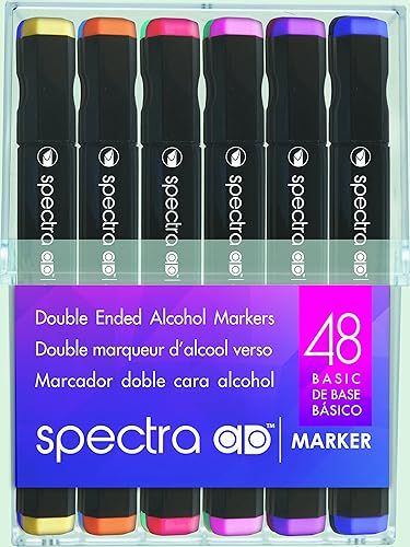 AD Marker Chartpak Spectra, Tri-Nib y cepillo de doble punta, 48 colores básicos surtidos en cubos de plástico duro, 1 cada uno (SBASIC48AD)