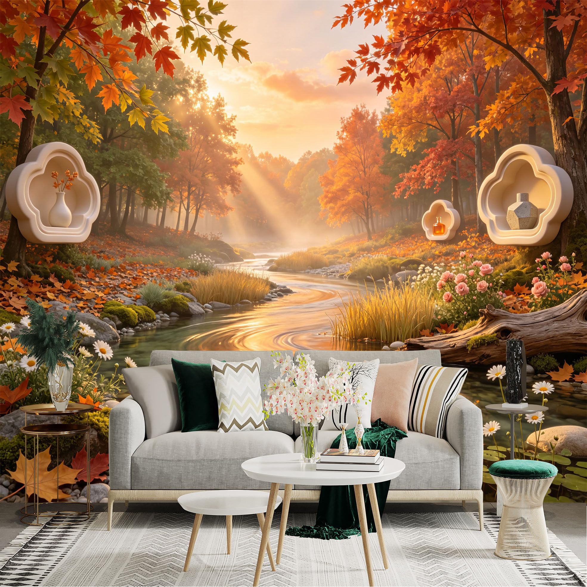 Lnzczhyre Bh260719367 Custom Size Wall Sticker Mural， Autumn Maple Forest With Serene River， Golden Sunlight And Wildflowers， For Wall Decoration， Peelandstick Wall Decals.
