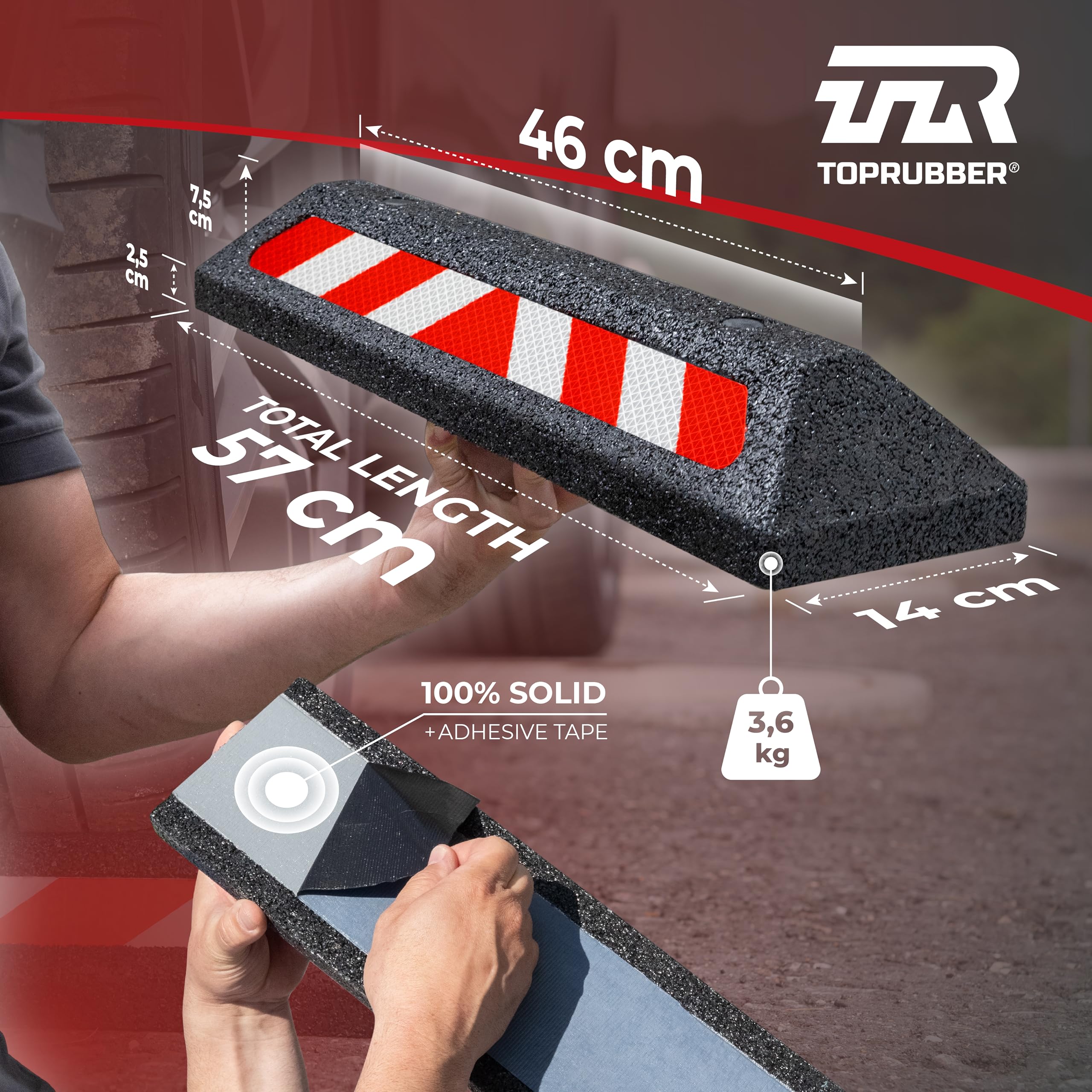 Radstopper in Schwarz, Reflektierend 570x140x75, zum Kleben