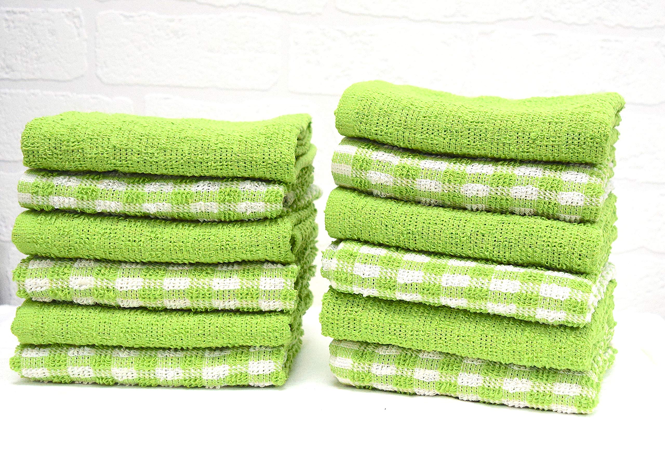 A & B TRADERS 100% Cotton Terry Tea Towels Packs (Sets of 2, 3, 6, 12 or 15) Egyptian Mono Check Superdry Soft Professional Hotel Quality Kitchen Dish Cloth (Green, 15)