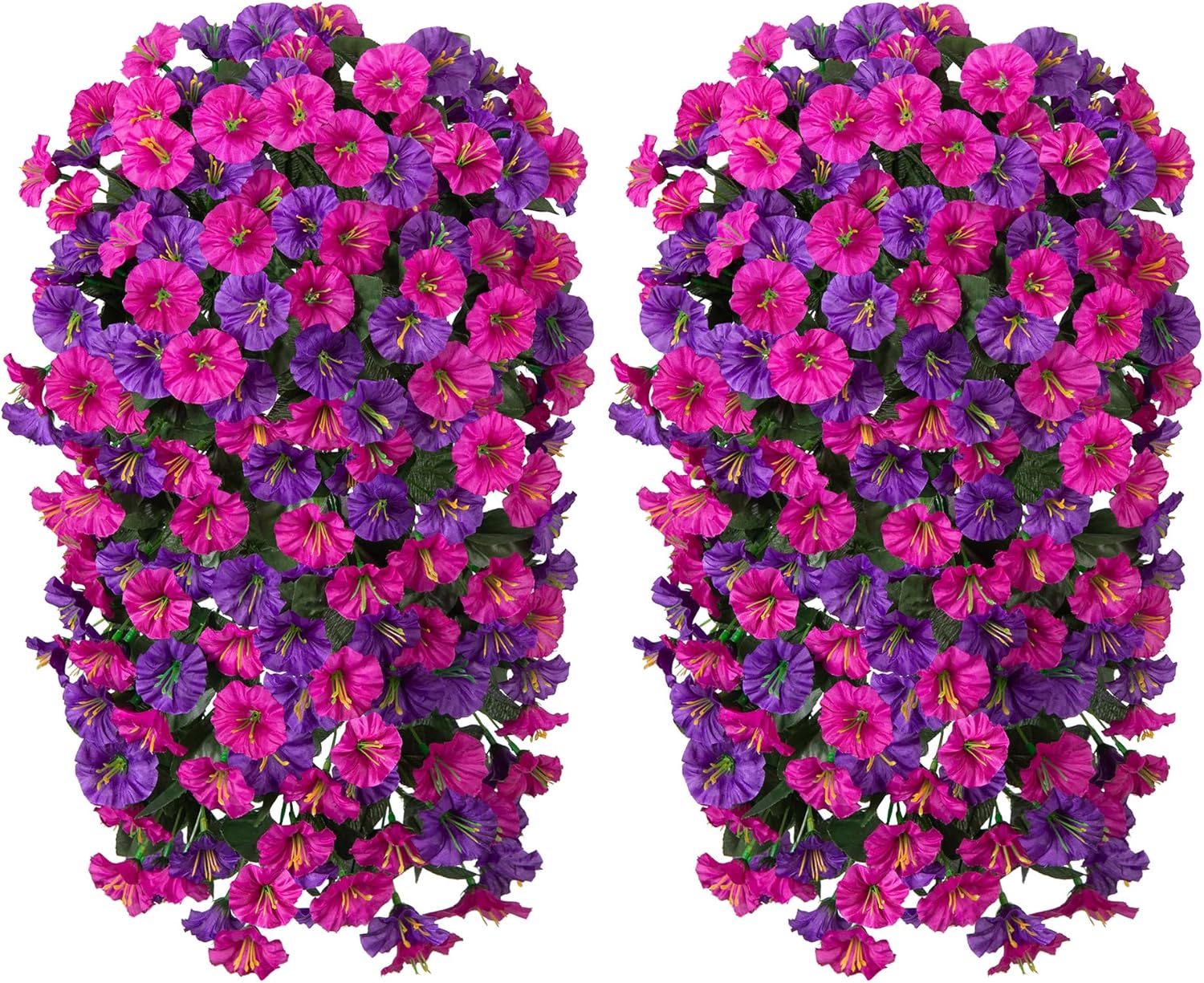 Fake Hanging Flowers for Outdoor Decor, 2 PCS Artificial Silk Morning Glory Vines Stems UV Resistant for Wall Home Porch Patio Party Wedding Decor (Dark Purple and Fuchsia)
