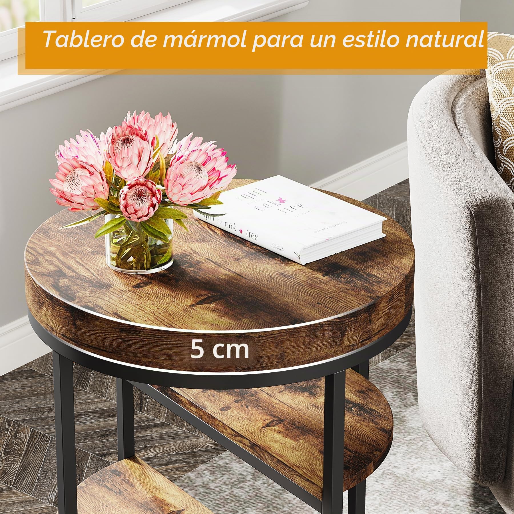 Tribesigns Mesa Auxiliar Redonda Pequeña Con 3 Estantes de Almacenamiento, Mesa de Madera Para Espacios Pequeños, Estilo Industrial Para Sala de Estar, Sofá
