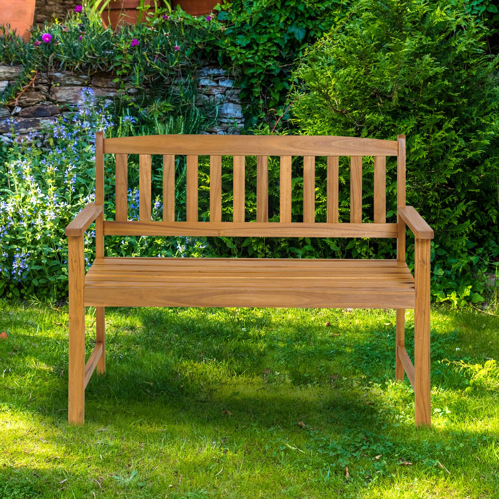 KOMFOTTEU Banco de Jardín de 2 Plazas, Banco de Parque de Madera de Acacia, Sillón Doble con Respaldo y Reposabrazos, Silla de Exterior con Carga 360 kg, para Terreza, Patio (110 x 56,5 x 86 cm)