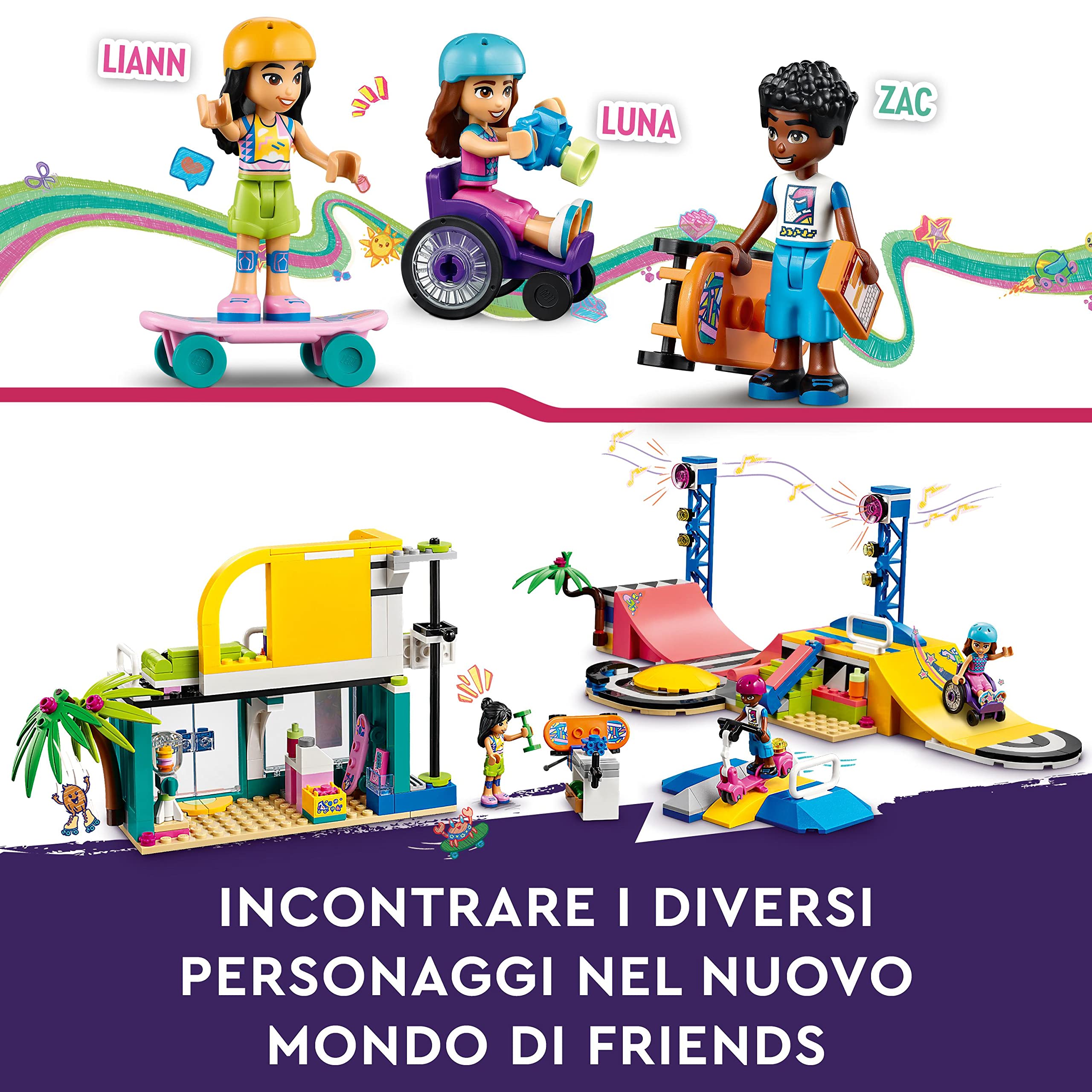 LEGO Friends Skate Park, Set con Rampa da Skateboard, Giochi per Bambine e Bambini dai 6 Anni con Personaggi 2023, Monopattino e Sedia a Rotelle 41751