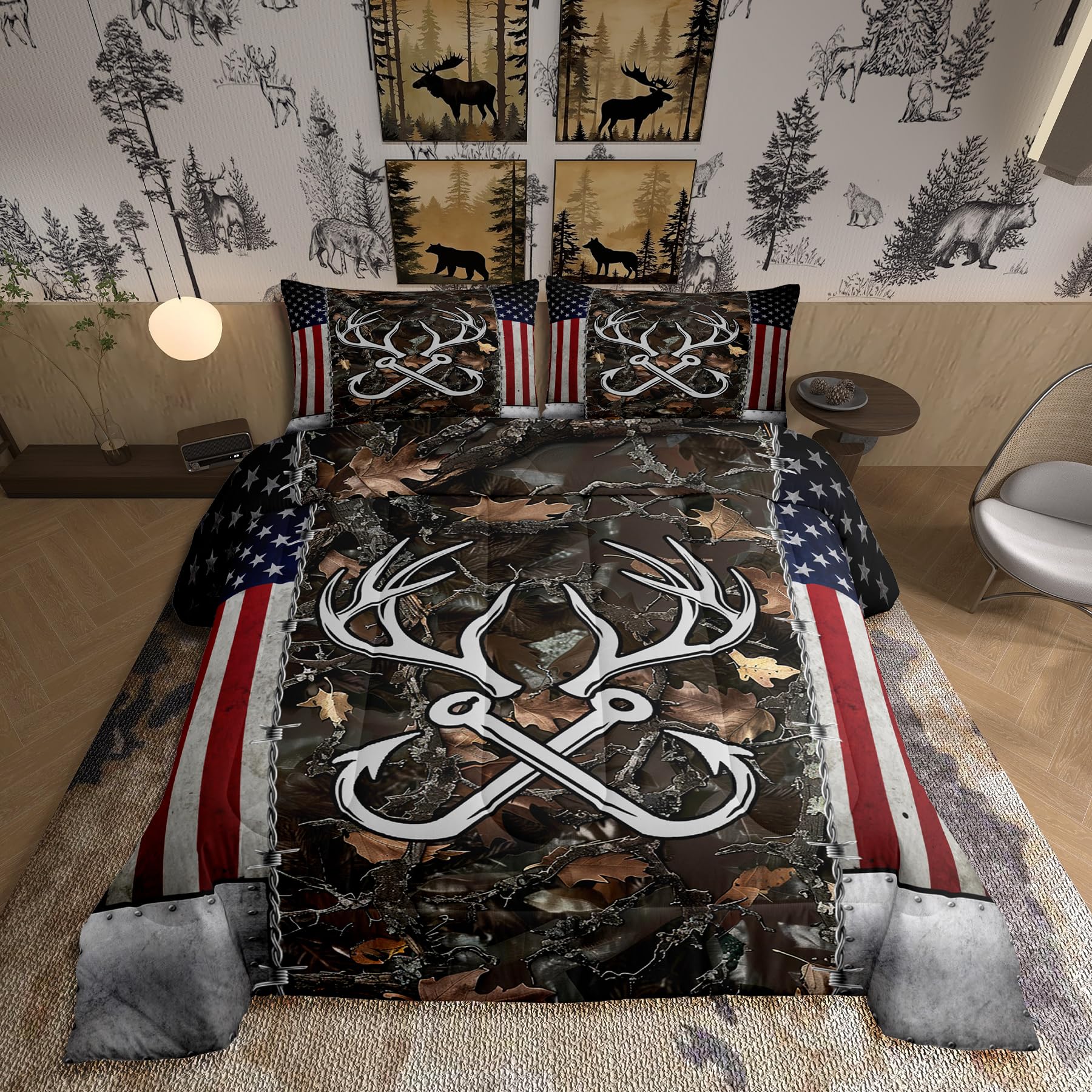 Homewish Deer Antler Fishing Comforter Set Queen Size,Boys Vintage American Flag Bedding Set for Kids Teens Men Room Decor Brown Jungle Branches Camo