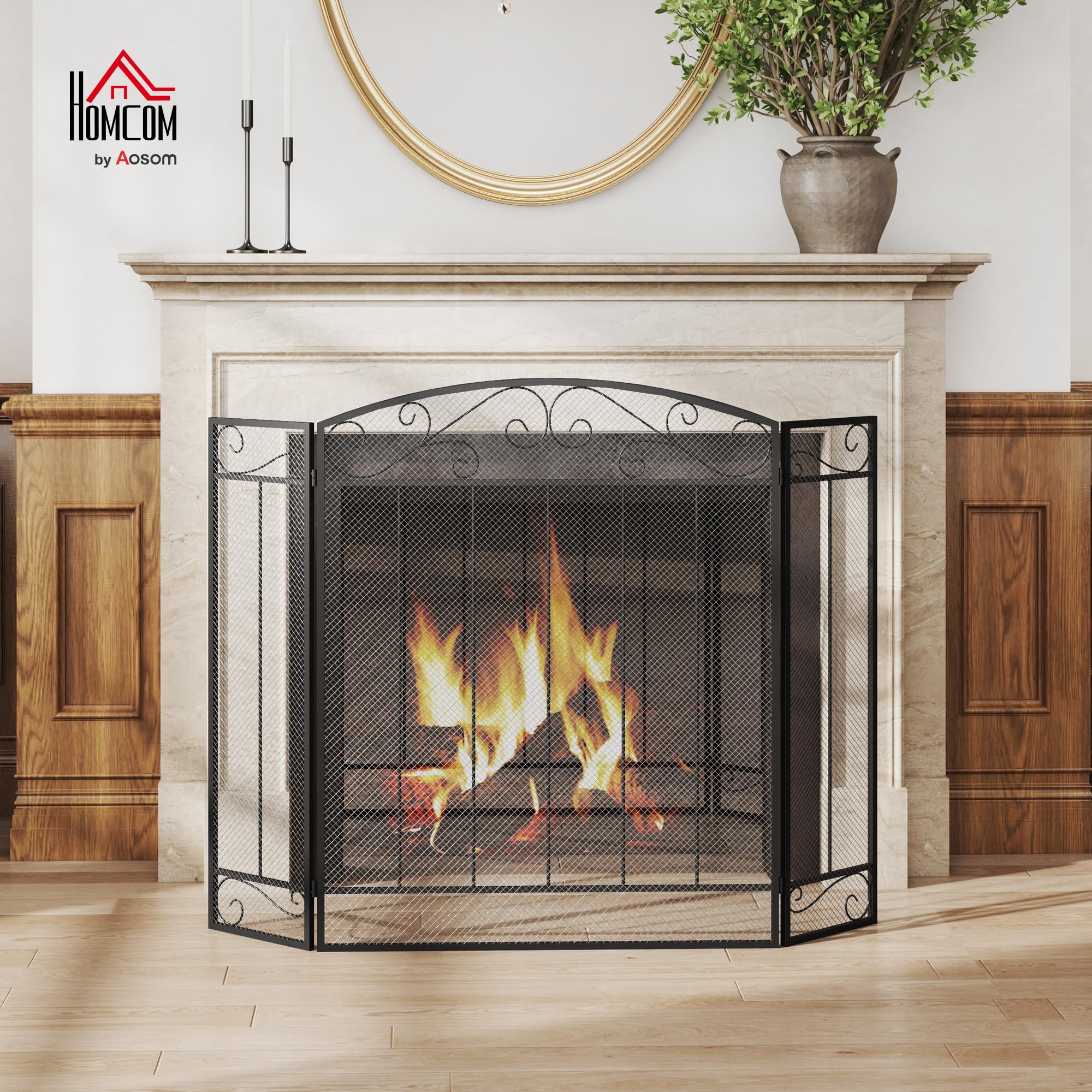HOMCOM Grille de Protection pour Cheminée Pare-feu Large 3 Volets Pliables Acier Métal Noir