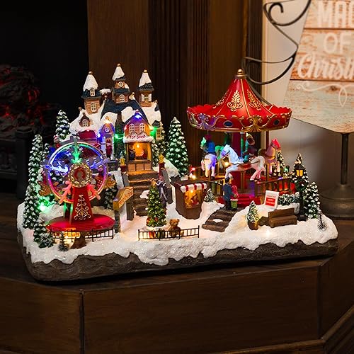 Alpine Corporation Decoración musical animada de parque temático navideño con 37 luces LED multicolor, 8 canciones navideñas, paseos en movimiento y