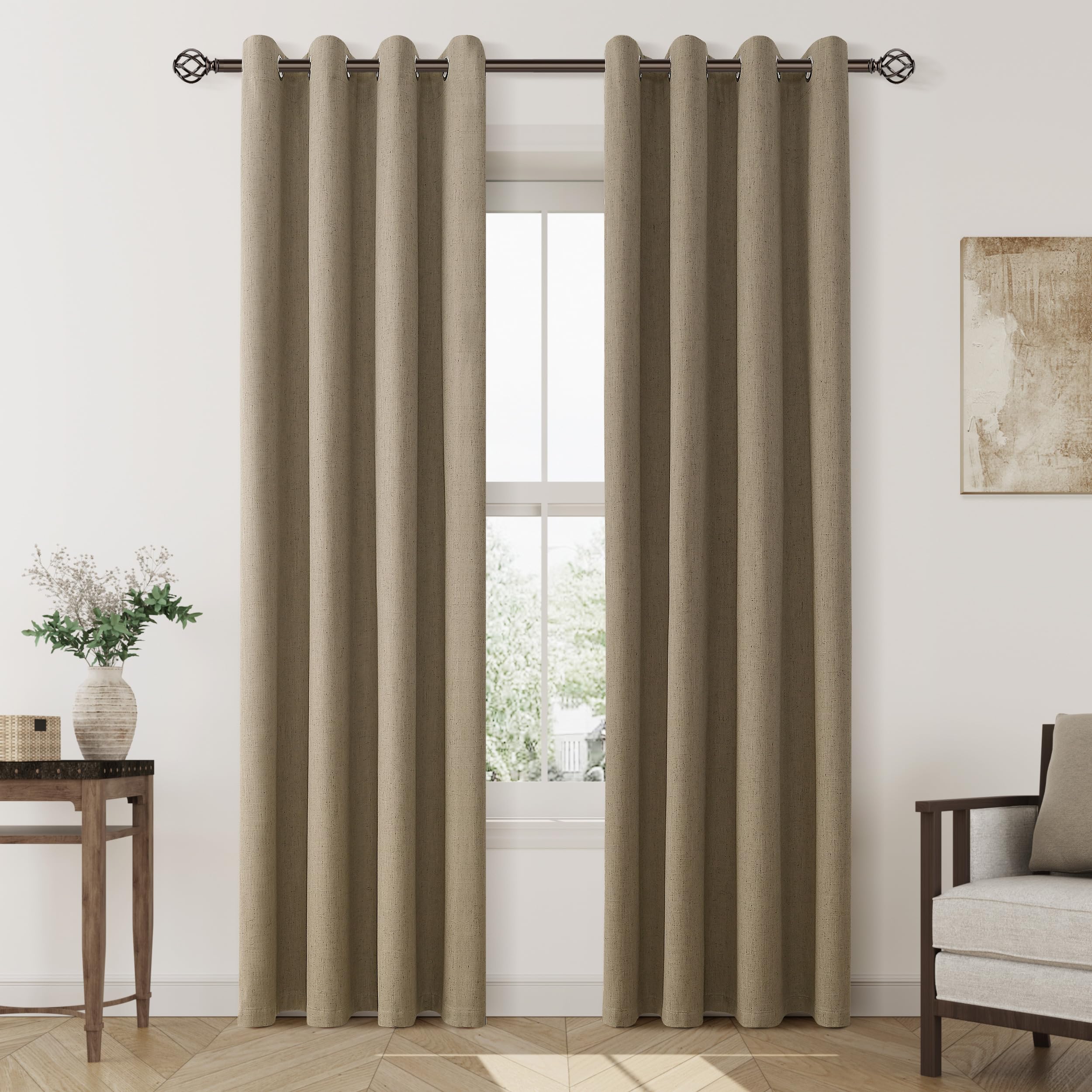 Jowels Natural Khaki Linen Blackout Curtains 84 Length 2 Panels Set for Living Room Bedroom, 100% Black Out Thermal Insulated Drapes, Room Darkening