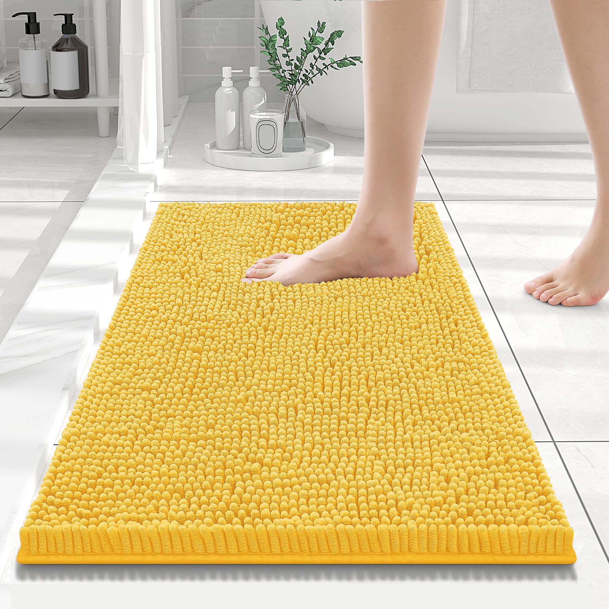 Photo 1 of Smiry Luxury Chenille Bathroom Rugs 24x16, Extra Soft and Absorbent Shaggy Bath Mat, Machine Washable, Non-Slip Plush Carpet Runner for Tub, Shower, and Floor, Home Decor Accessories, Yellow