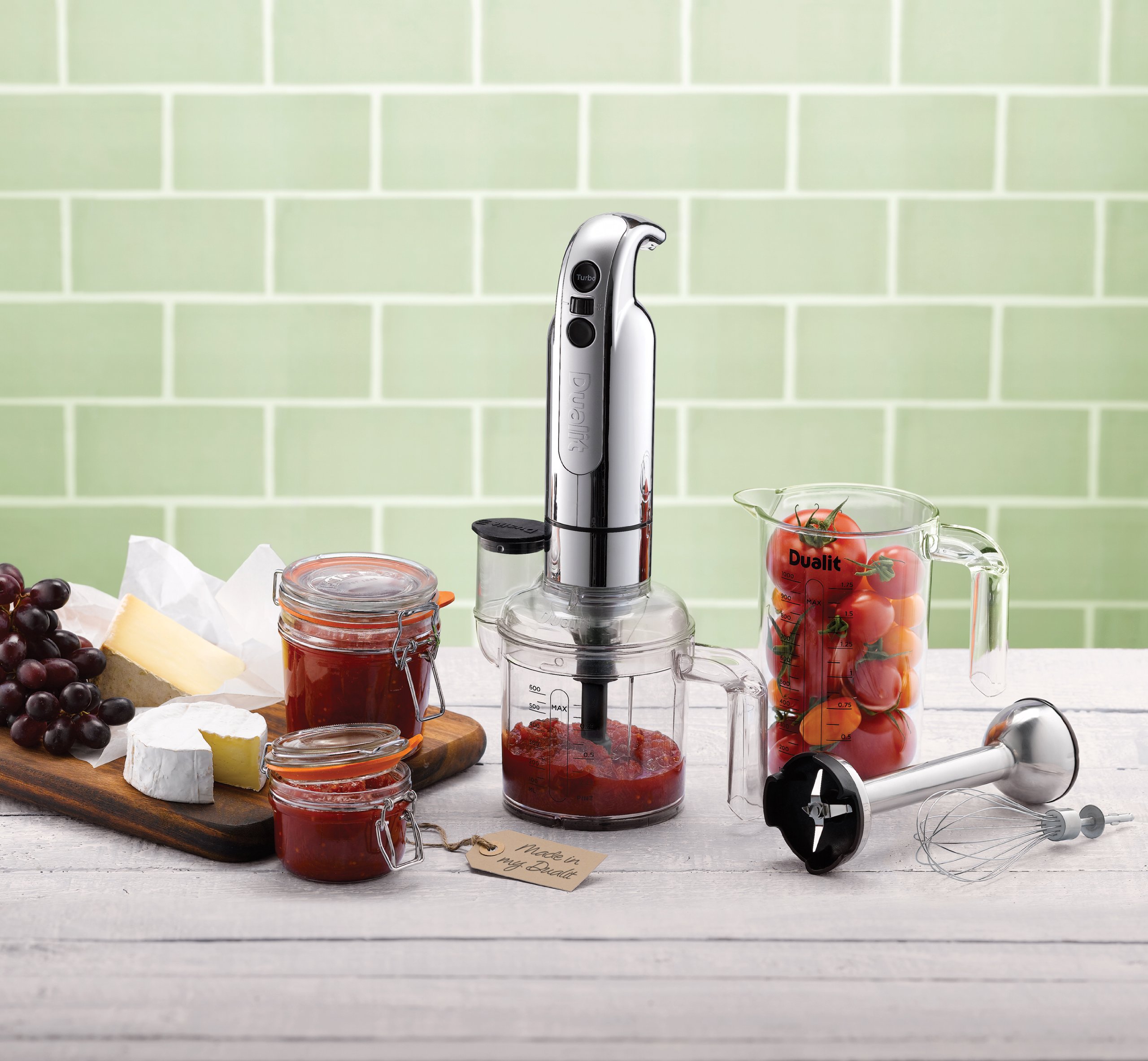 Dualit CLASSIC Stabmixer Set 700 W, Pürierstab mit Turbo, Edelstahl poliert | Anti-Saug-Mixstab, Tritan-Behälter, Zerkleinerungsschüssel, Schneebesenaufsatz, ergonomisch, spülmaschinenfest