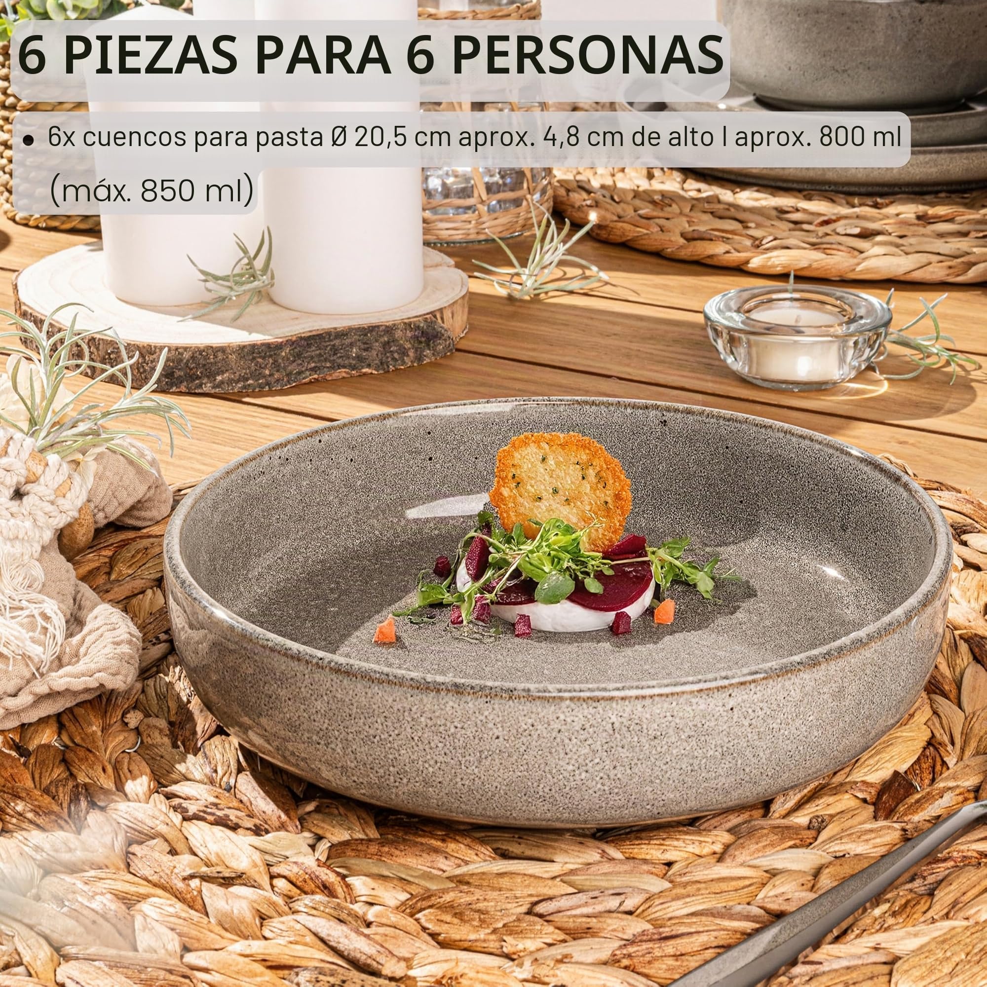 Sänger Kairo Clay - Cuencos para pasta (6 piezas, 6 cuencos de gres, apto para lavavajillas, microondas, resistente a los arañazos, cuenco grande, multifunción, 800 ml), color gris | Juego de cuencos aptos para lavavajillas y microondas, antiarañazos, cue