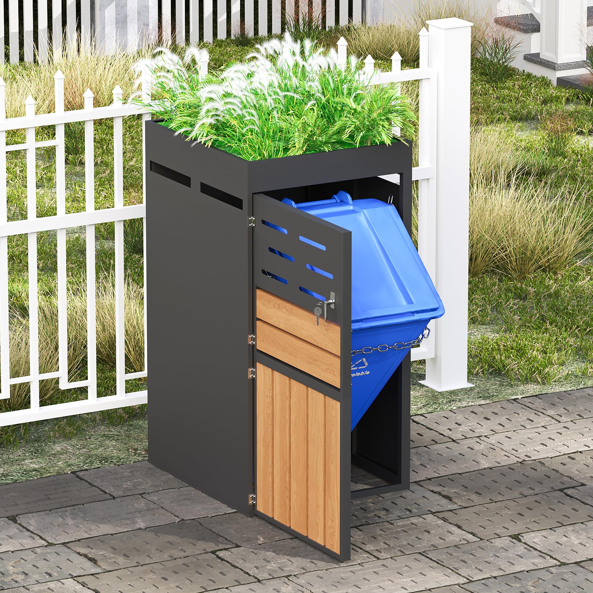 REXO Armario exterior multifuncional, jardinera integrada, rejilla de ventilación, marco de acero galvanizado, puertas con cerradura, cadena de seguridad, para almacenamiento y decoración de jardín