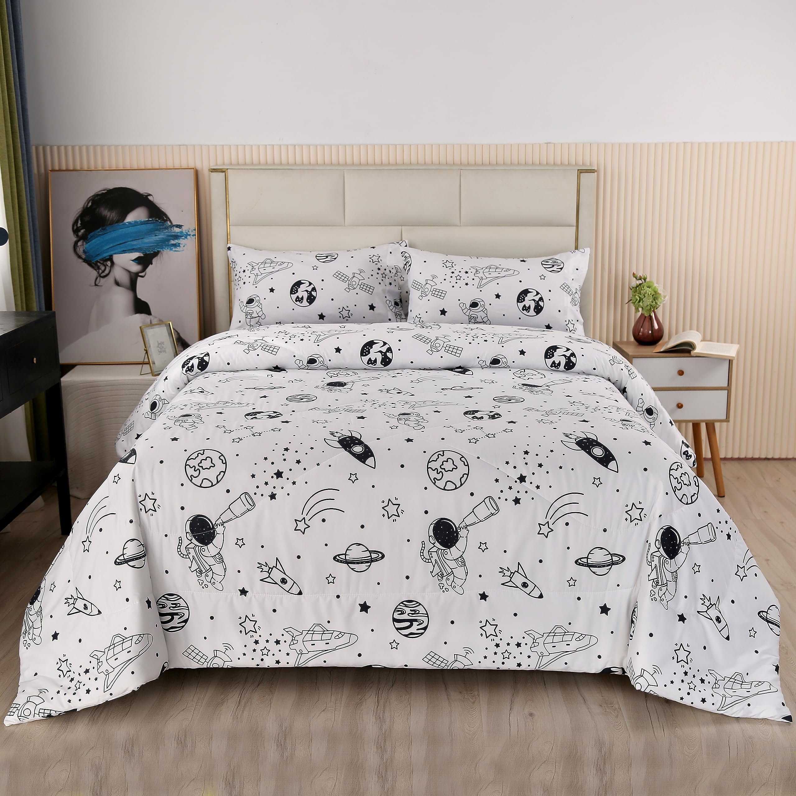 MAG 3Pcs Out Space Bedding Comforter Set, Twin Size White Galaxy Comforter Set,for Toddlers Kids,Boys Teens and Girls,Super Soft Microfiber (1 Comforter + 2 Pillowcases) (Space, Twin)