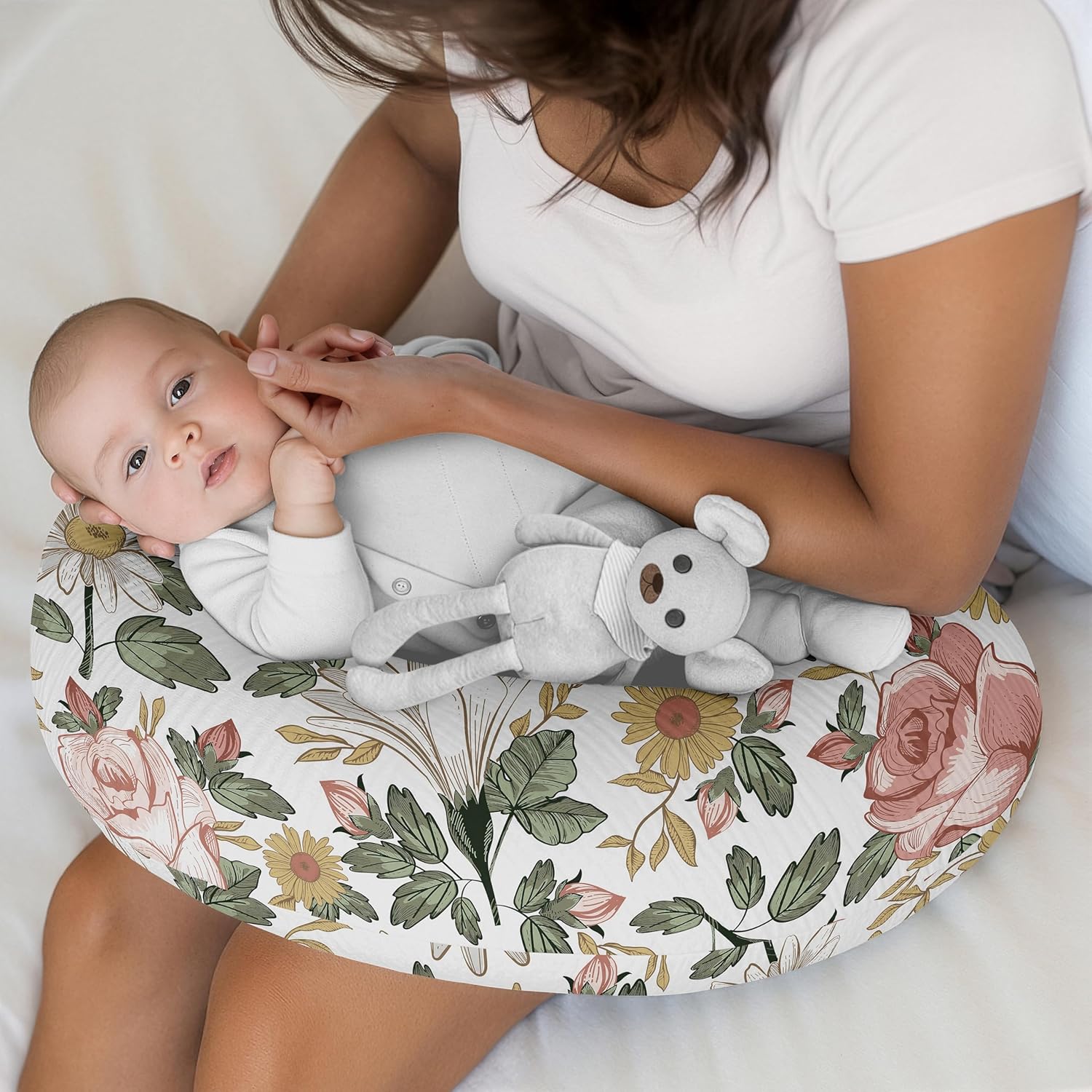 Sweet Jojo Designs Muslin Nursing Pillow Cover (Boho Vintage Floral) for Baby Girls, Newborn, Infant 100% Cotton Breastfeeding Pillowcase - PILLOW NOT INCLUDED (Shabby Chic, Bohemian, Farmhouse, Pink)