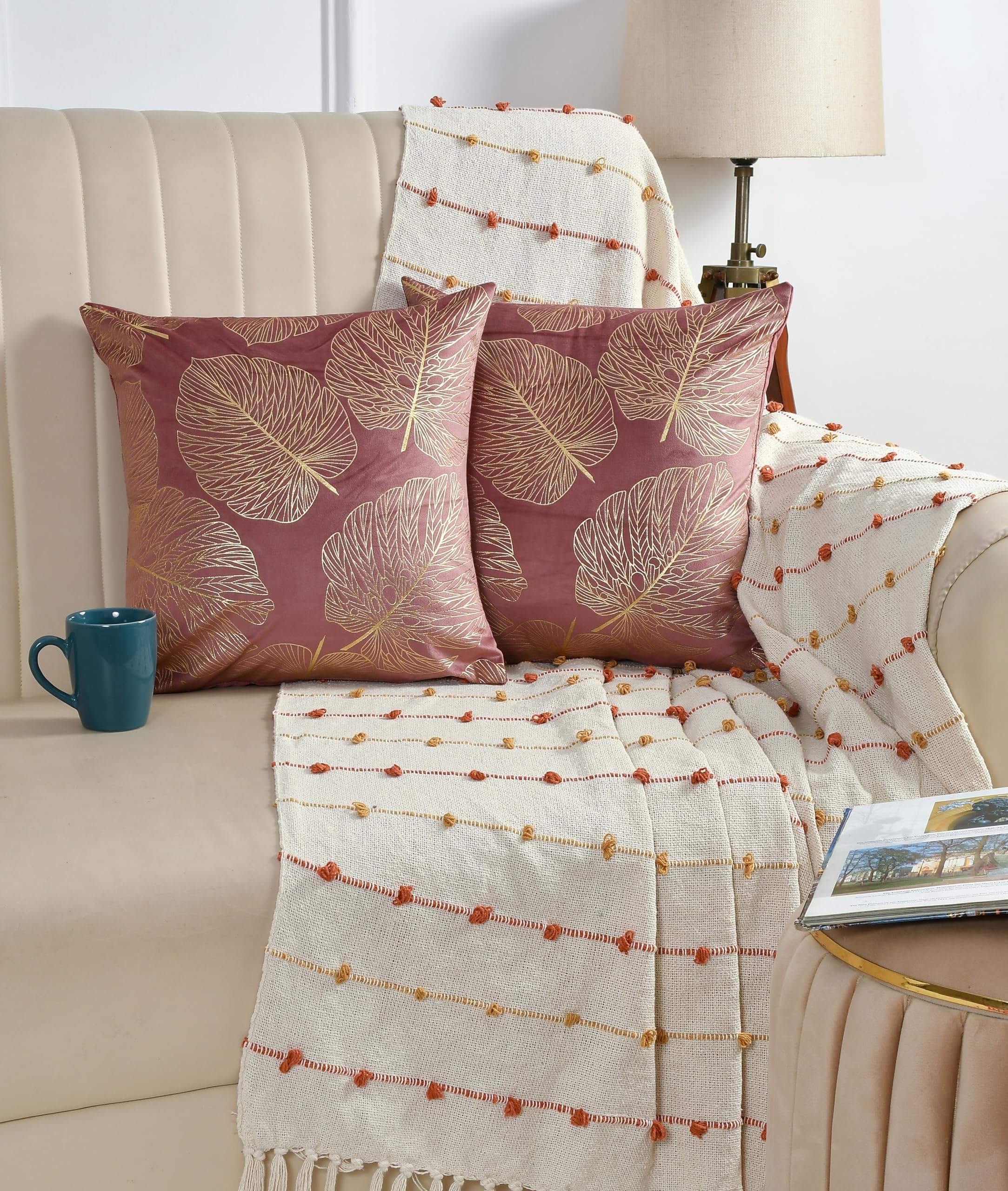 AEROHAVEN™ Rose Set of 2 Gold Leaf Printed Hand Made Velvet Throw/Pillow Cushion Covers - CC-226 - (16 x 16 Inch, Peach)-image-8